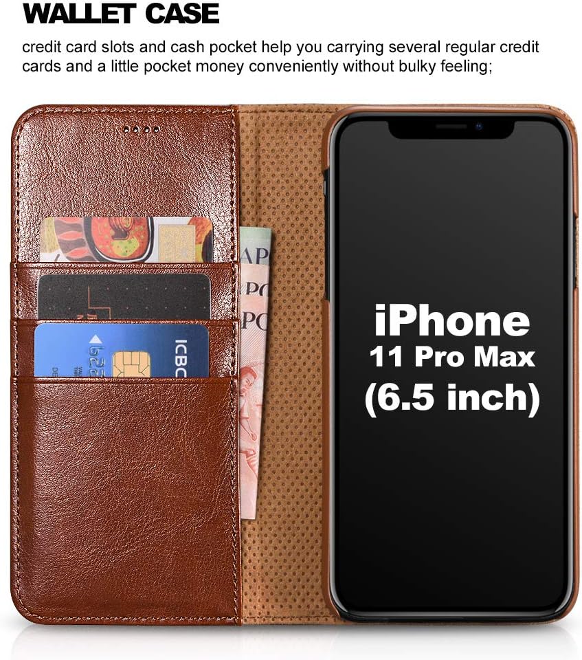 icarercase iPhone 11 Pro Max Wallet Case, Folio Flip Magnetic Pu Leather Cover with Kickstand and Credit Slots for iPhone 11 Pro Max 6.5 inch 2019 (Brown)