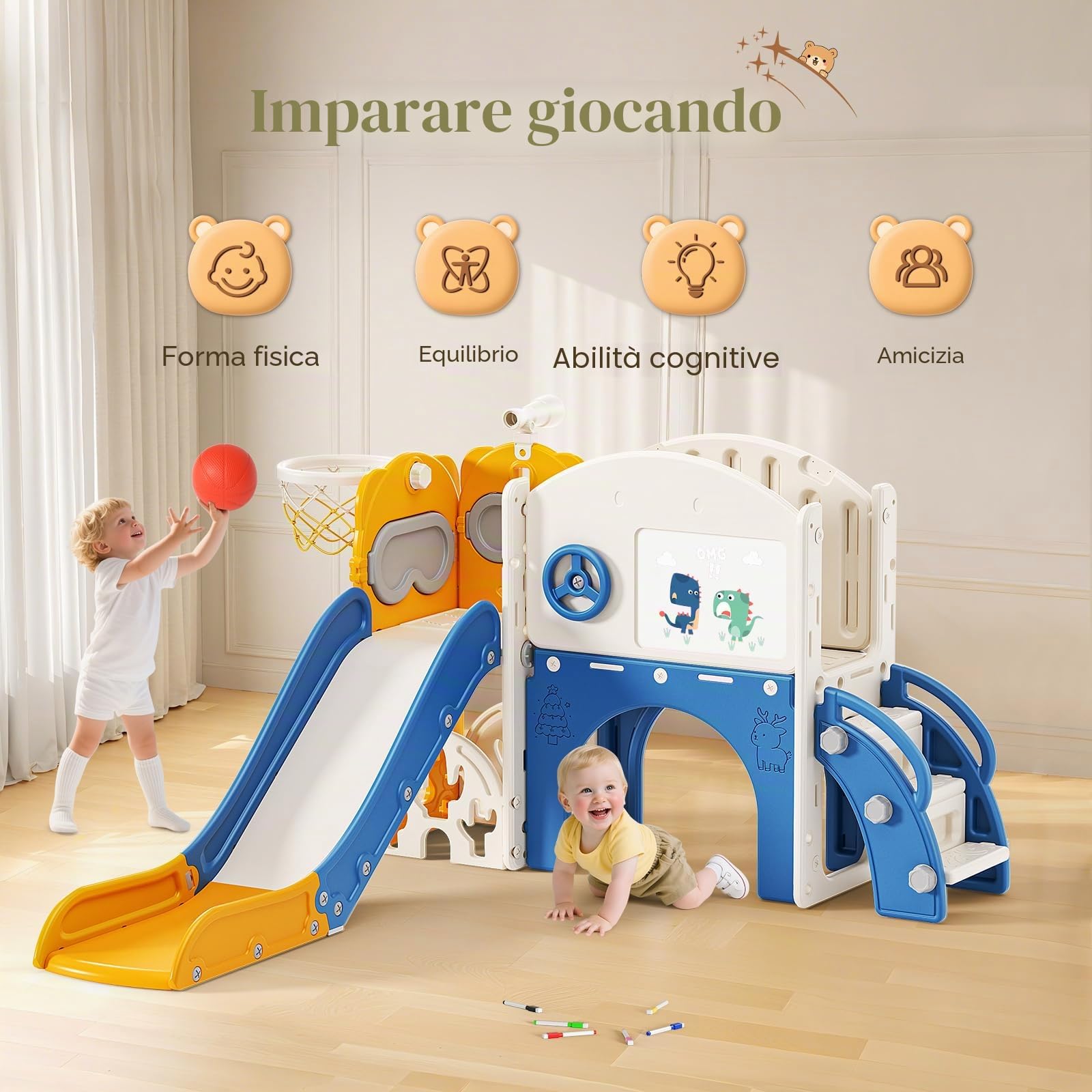 Scivolo per bambini 10 in 1, scivolo per bambini da interno ed esterno con canestro da basket, golf, telescopio e spazio di archiviazione, parco giochi indipendente per il cortile (Arancia blu)