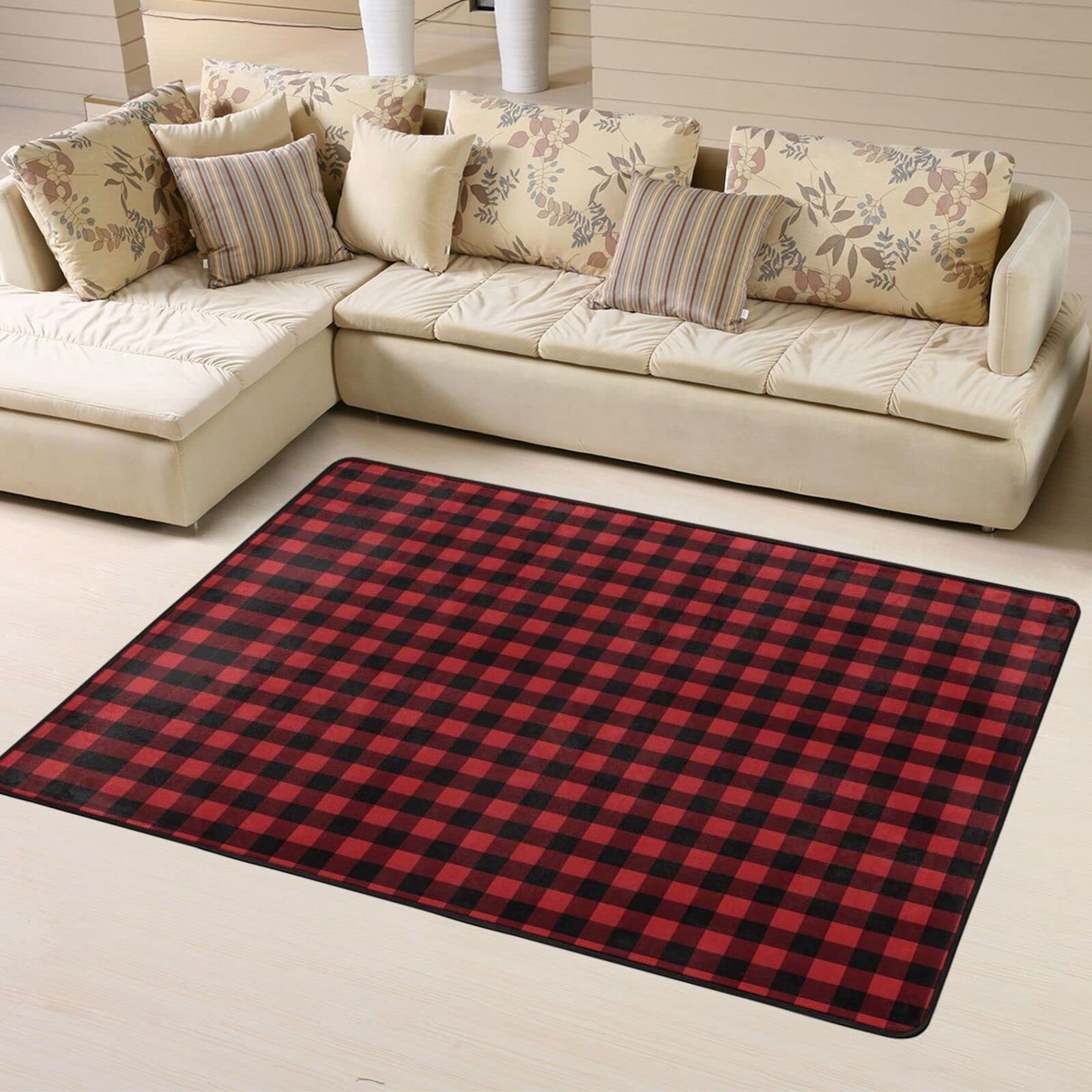 Tapete antideslizante de franela con patrón de cuadros rojos y negros de 63 x 48 pulgadas, tapetes para puerta delantera y trasera para interiores y exteriores