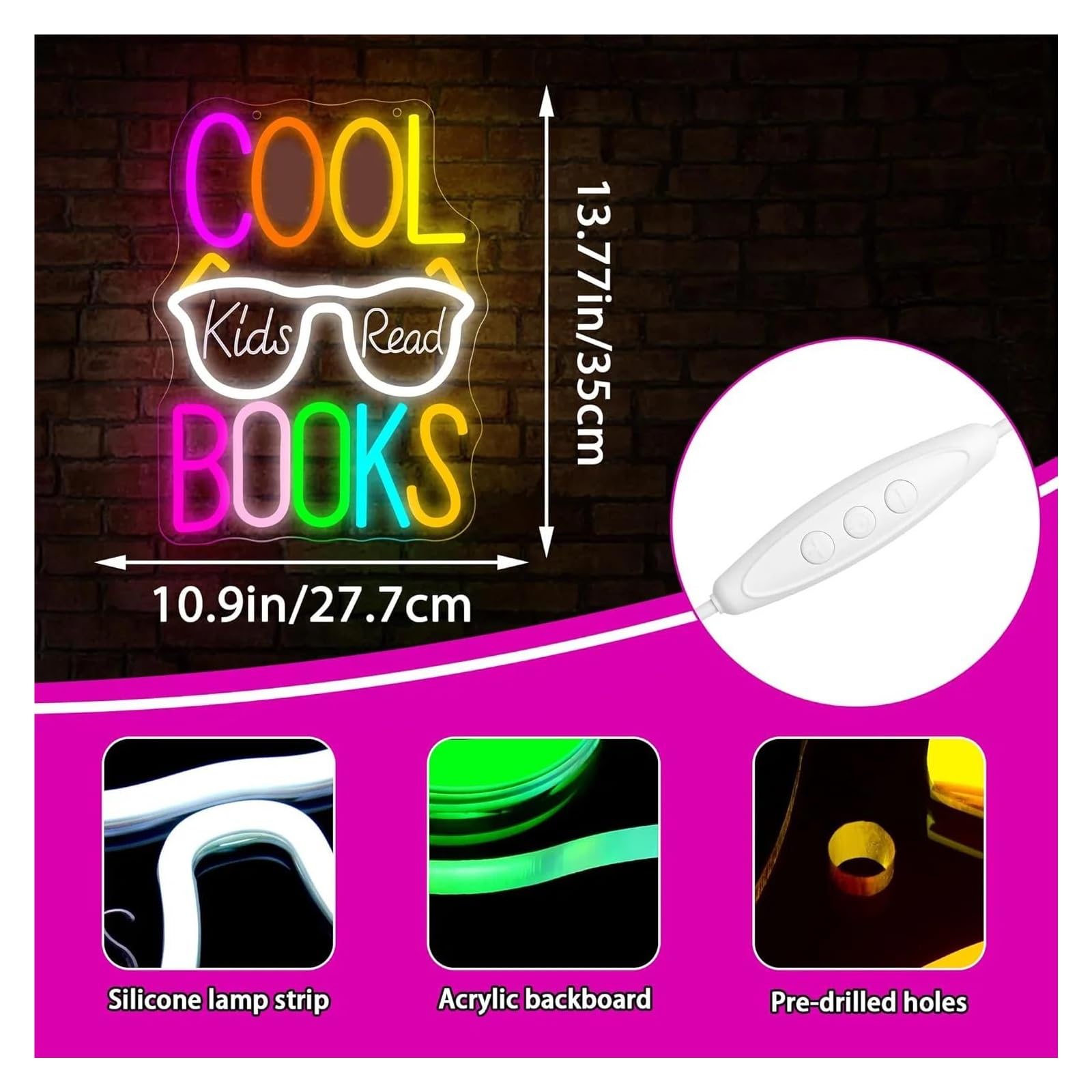Wiszące neony artystyczne Neon "Fajne Dzieci Czytają Książki" Kolorowy Napis, Dekoracja Ścienna Do Czytania, Księgarnia, Biblioteka, Muzeum, 35 X 27,7 Cm