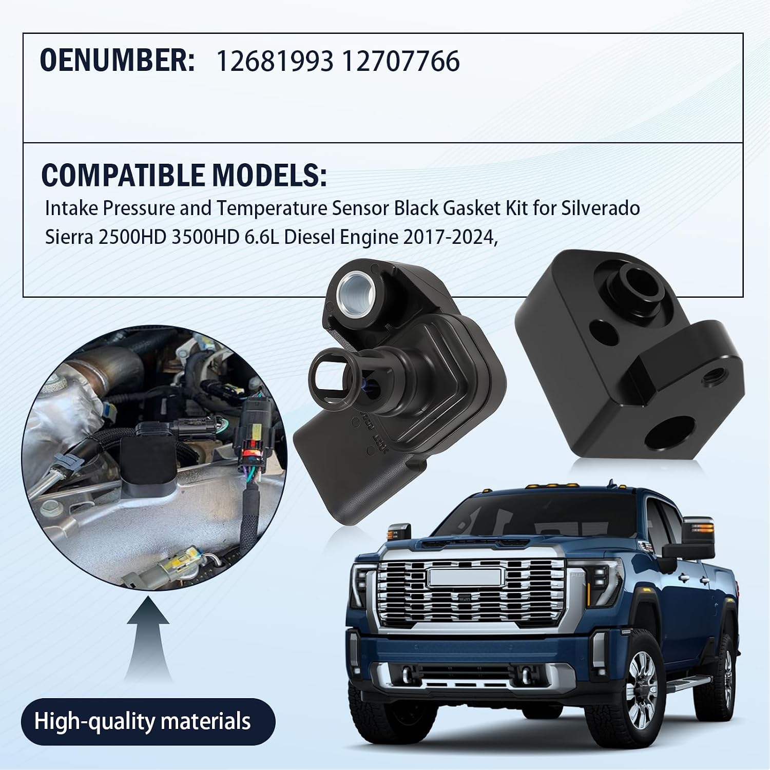12681993 Intake Air Pressure and Temperature Sensor + Black Spacer Kit for 2017-2024 Silverado Sierra 2500HD/3500HD 6.6L L5P Duramax Diesel, Engine Manifold Pressure (MAP) Sensor, 12707766