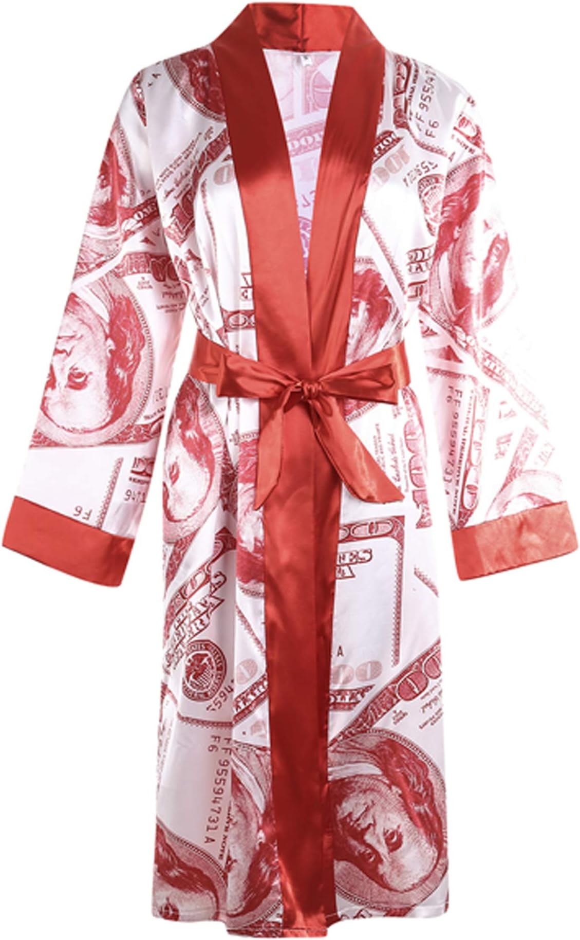 Women's Fashion Long Sleeve Belt Satin Robe Sexy Kimono Print Silky Bathrobe Sleepwear