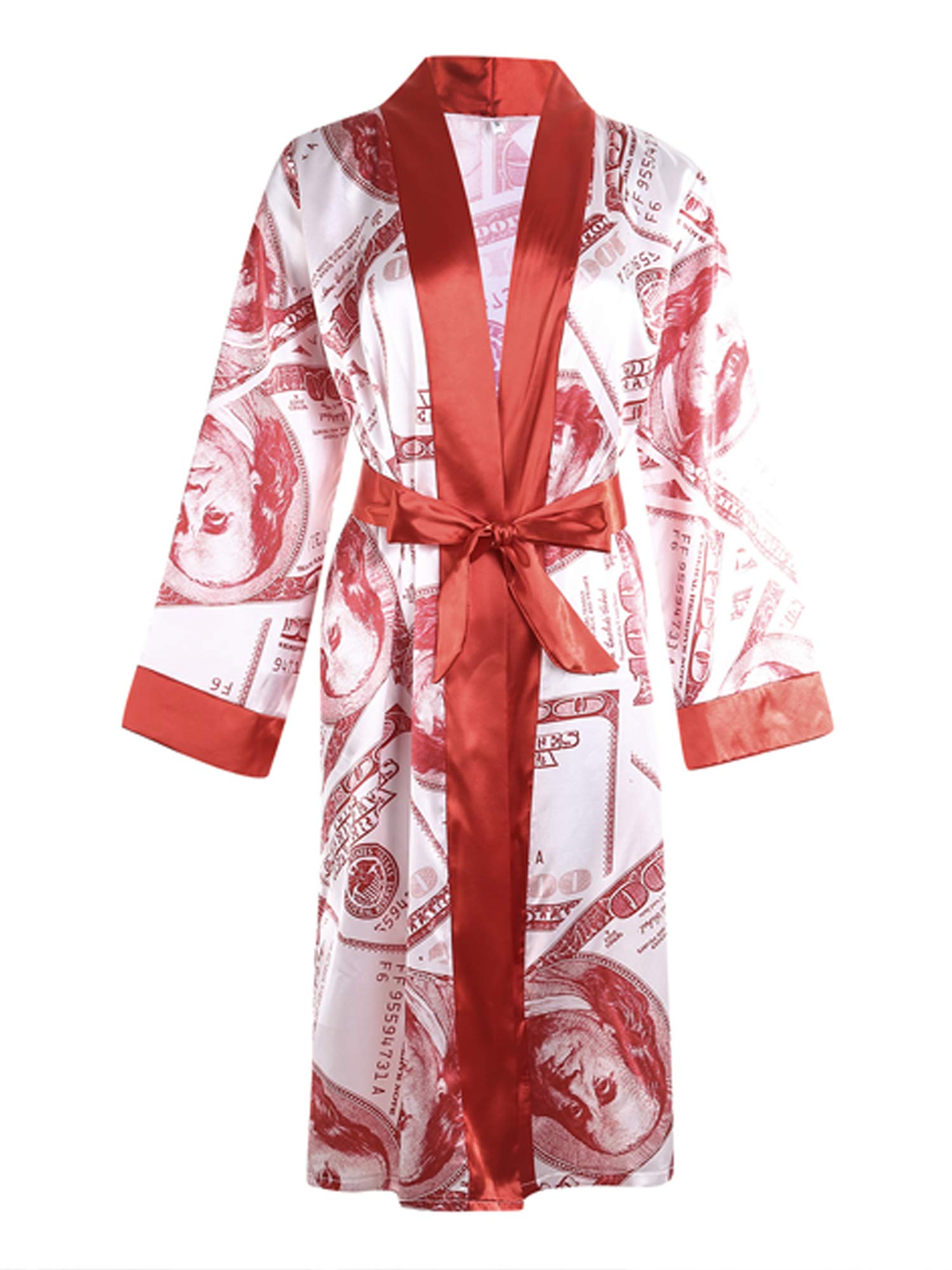 Women's Fashion Long Sleeve Belt Satin Robe Sexy Kimono Print Silky Bathrobe Sleepwear