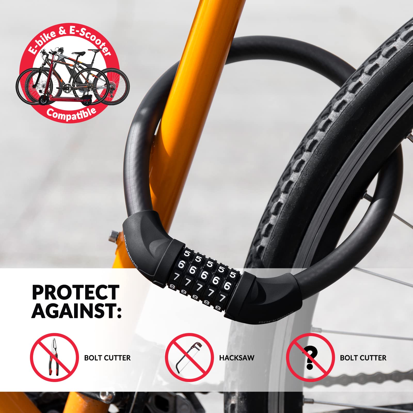 ROCKBROS Candado Combinación Bicicleta con Cable de Acero Flexible 1,2m Alta Seguridad, Candado de Cable Largo 5 Dígitos Antirrobo para MTB Scooter Motocicleta