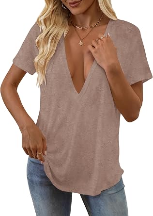 Womens Sexy Deep V Neck T Shirts Summer Oversized Short Sleeve Tee Tops