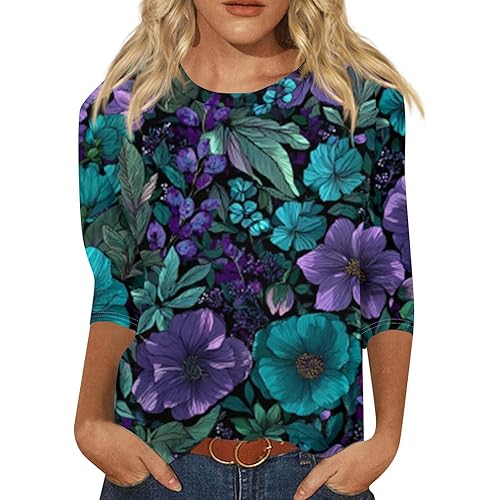 3/4 Sleeve Tops for Women Crew Neck Tops Print Blouses Business Work T Shirts Soft Outfits Vacation Basic Tees