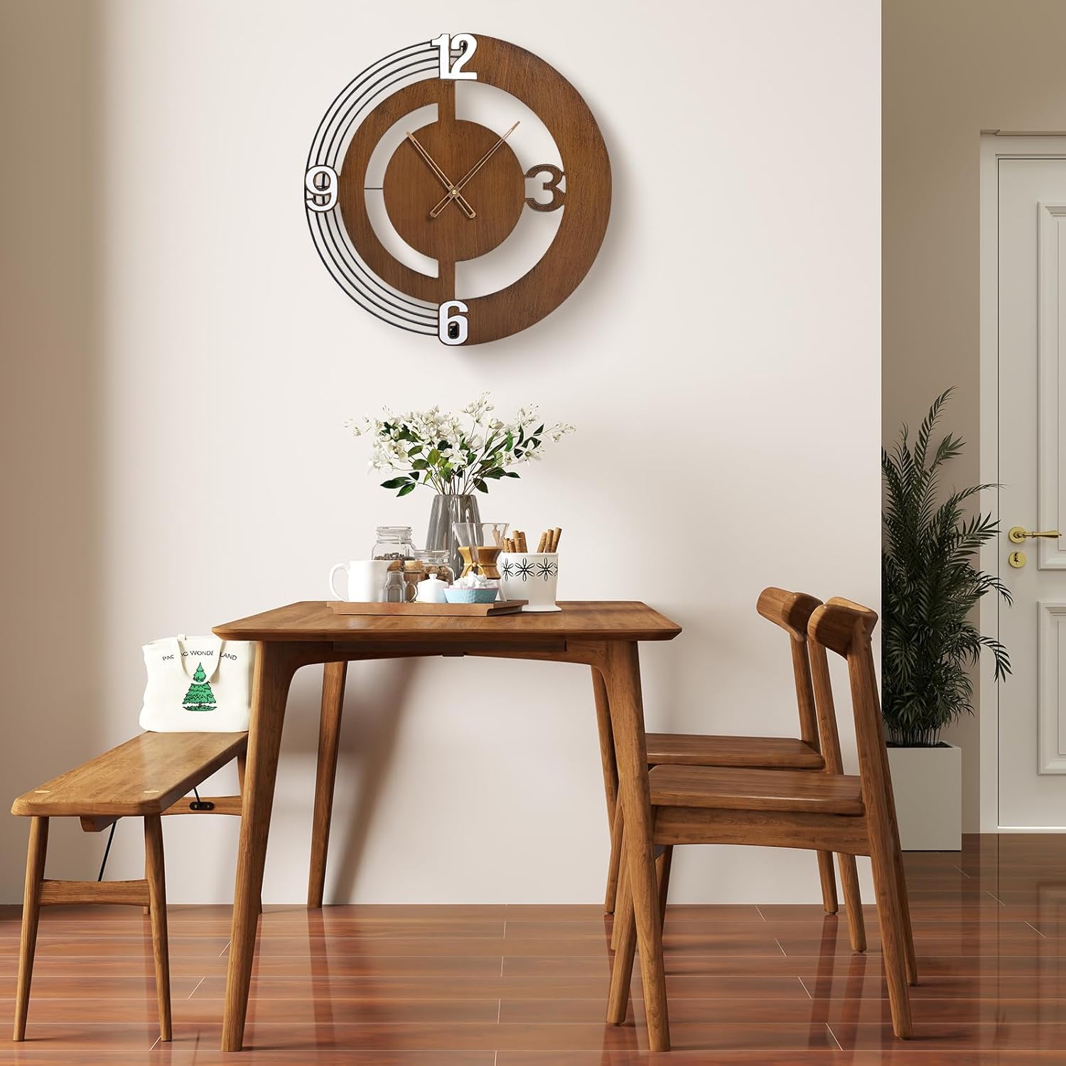 20 Inch Walnut Wooden Round Wall Clock Battery Operated Silent Non-Ticking, Modern Decorative Clock Minimalist Timepiece for Living Room, Kitchen, Bedroom, Office