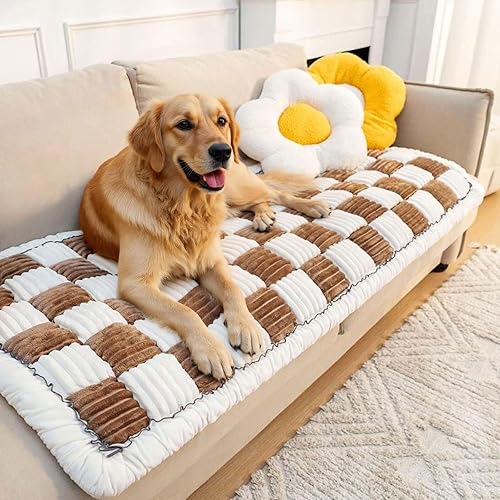 Miniatura 1 de LiveGo Funda de sofá divertida mágica para sofá, funda protectora de algodón para jardín, a cuadros, color crema, cuadrada, grande, para mascotas,