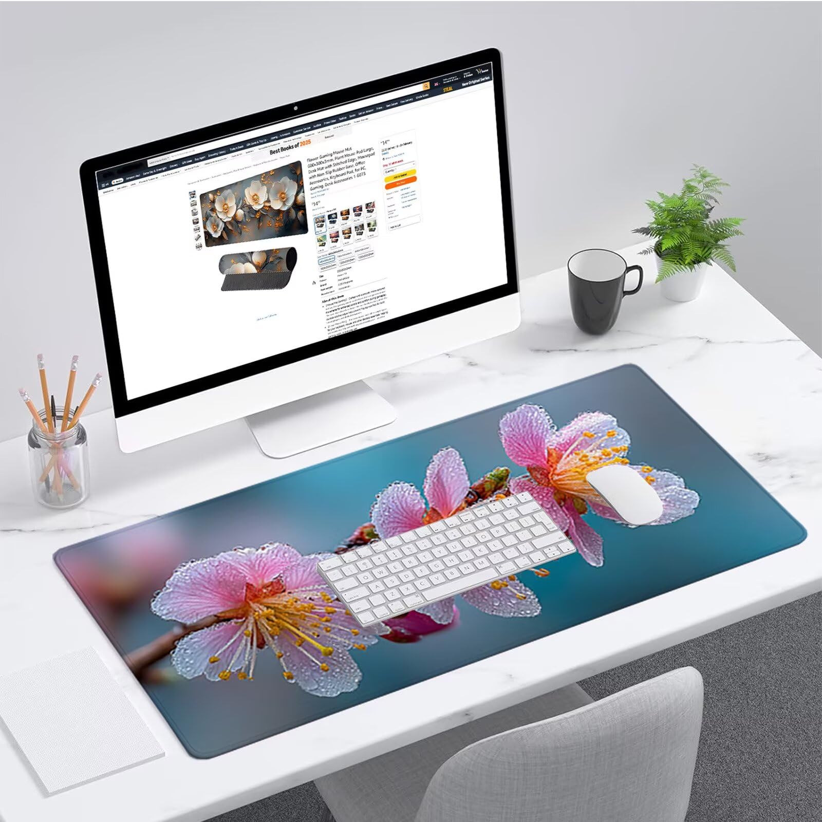 Podkładka pod mysz XXL kwiat, różowa podkładka pod mysz na biurko 1600 x 800 x 3 mm, podkładka na biurko z antypoślizgową gumową podstawą, podkładka pod mysz do gier z szytymi krawędziami, akcesoria