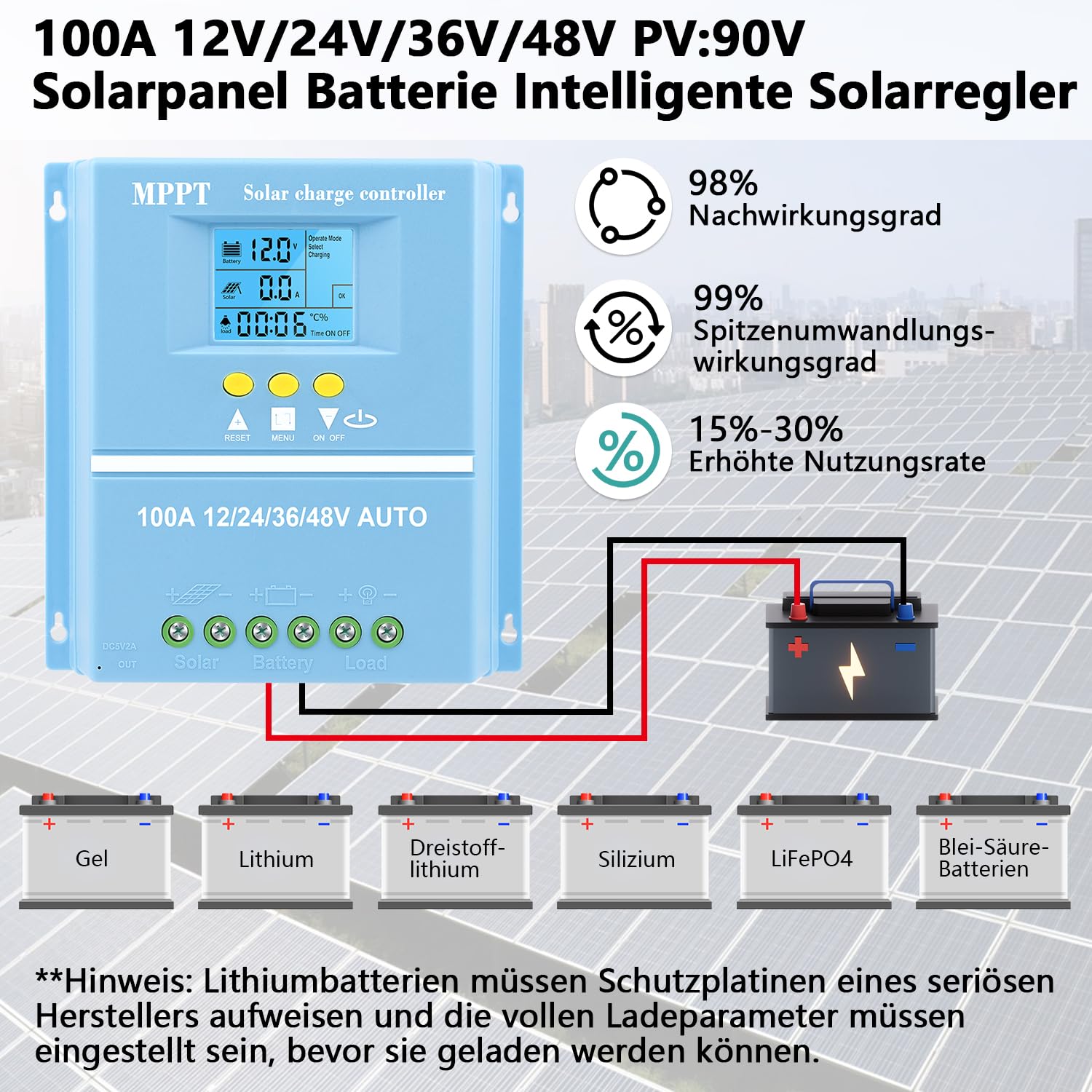 【100A Controlador de Carga Solar】KWODE 100A Regulador de Carga Solar 12V/24V/36V/48V Inteligente Regulador Solar MPPT LCD 2 USB para Gel, Litio, Litio ternario, Silicio, LiFePO4, Plomo-ácido Baterías