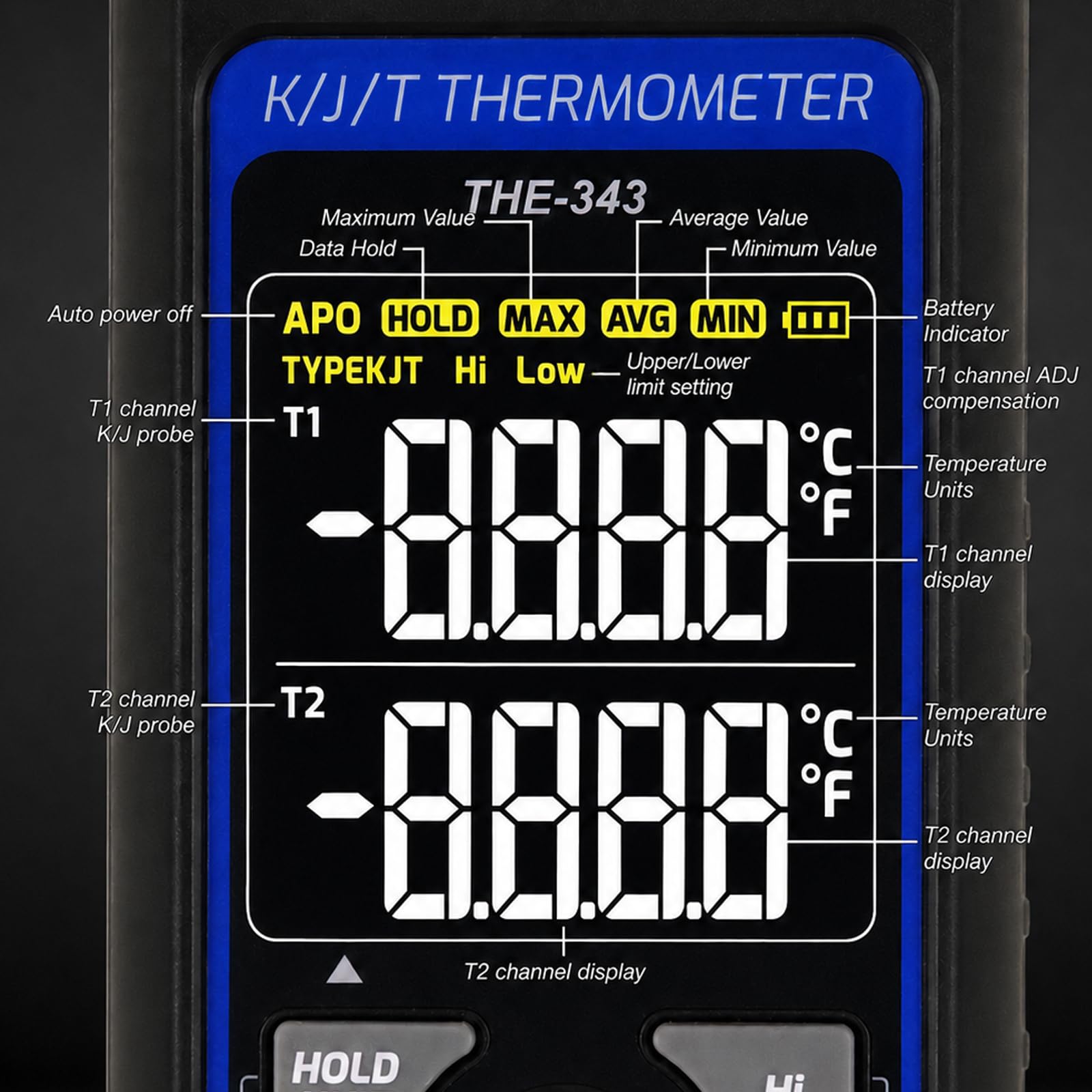 Thermomètre Numérique à Thermocouple pour CVC avec 2 Pinces Thermométriques et 2 Sondes à Thermocouple Filaires, Double Canal avec Alarme et Compensation ADJ (-328~2500 ℉)