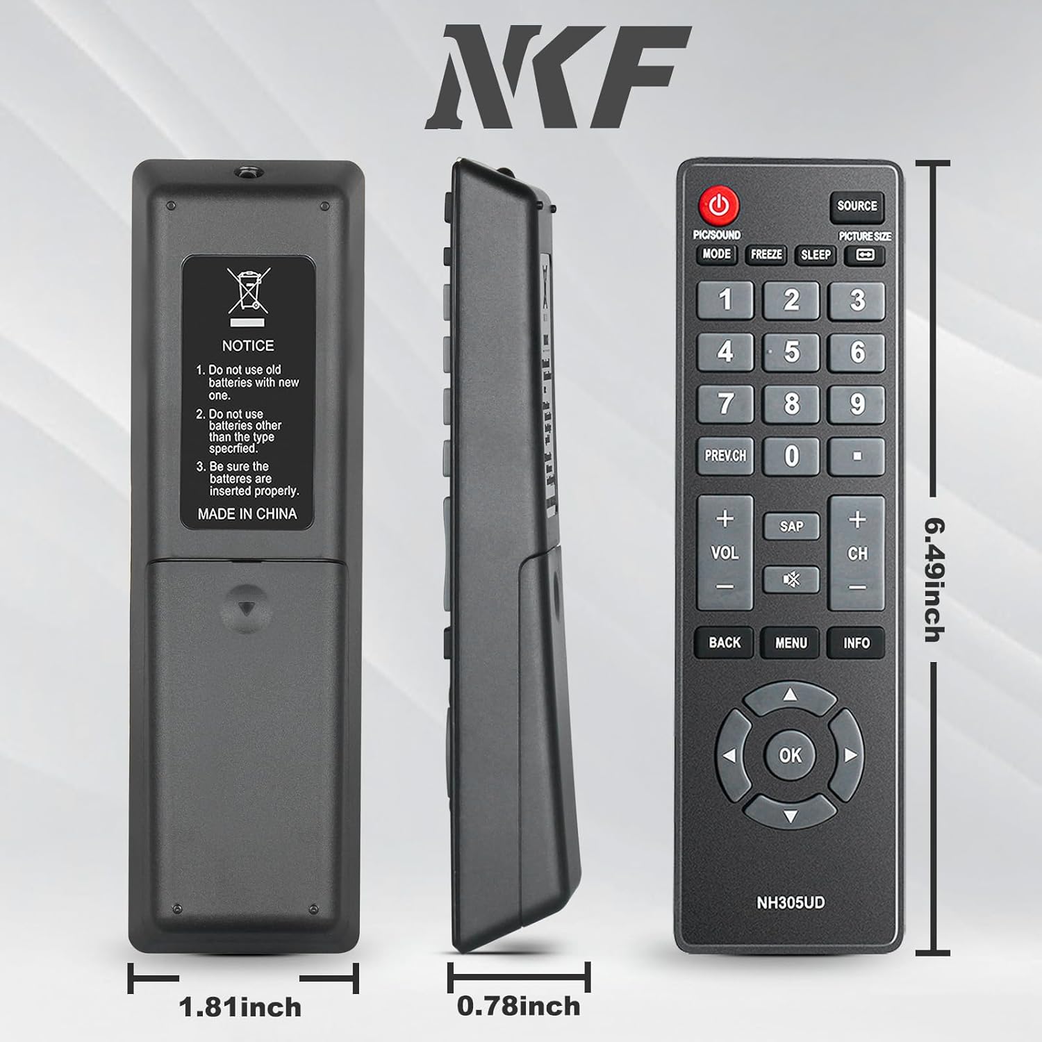 Side and front view of NH305UD remote control with dimensions labeled