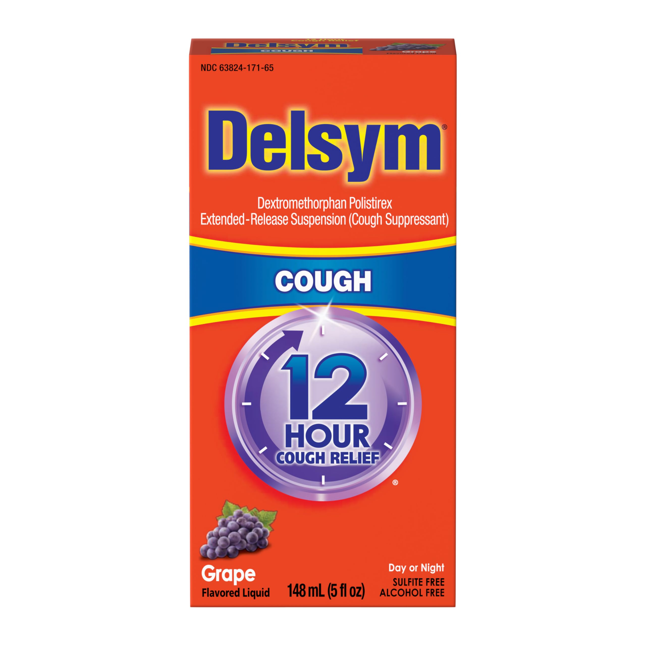 Delsym 12 Hour Cough Medicine for Adults, Powerful Relief for 12 Hours, Cough Suppressant Liquid with Extended-Release Dextromethorphan, Grape Flavor Liquid Cough Syrup, 5 Fl Oz (Pack of 1)