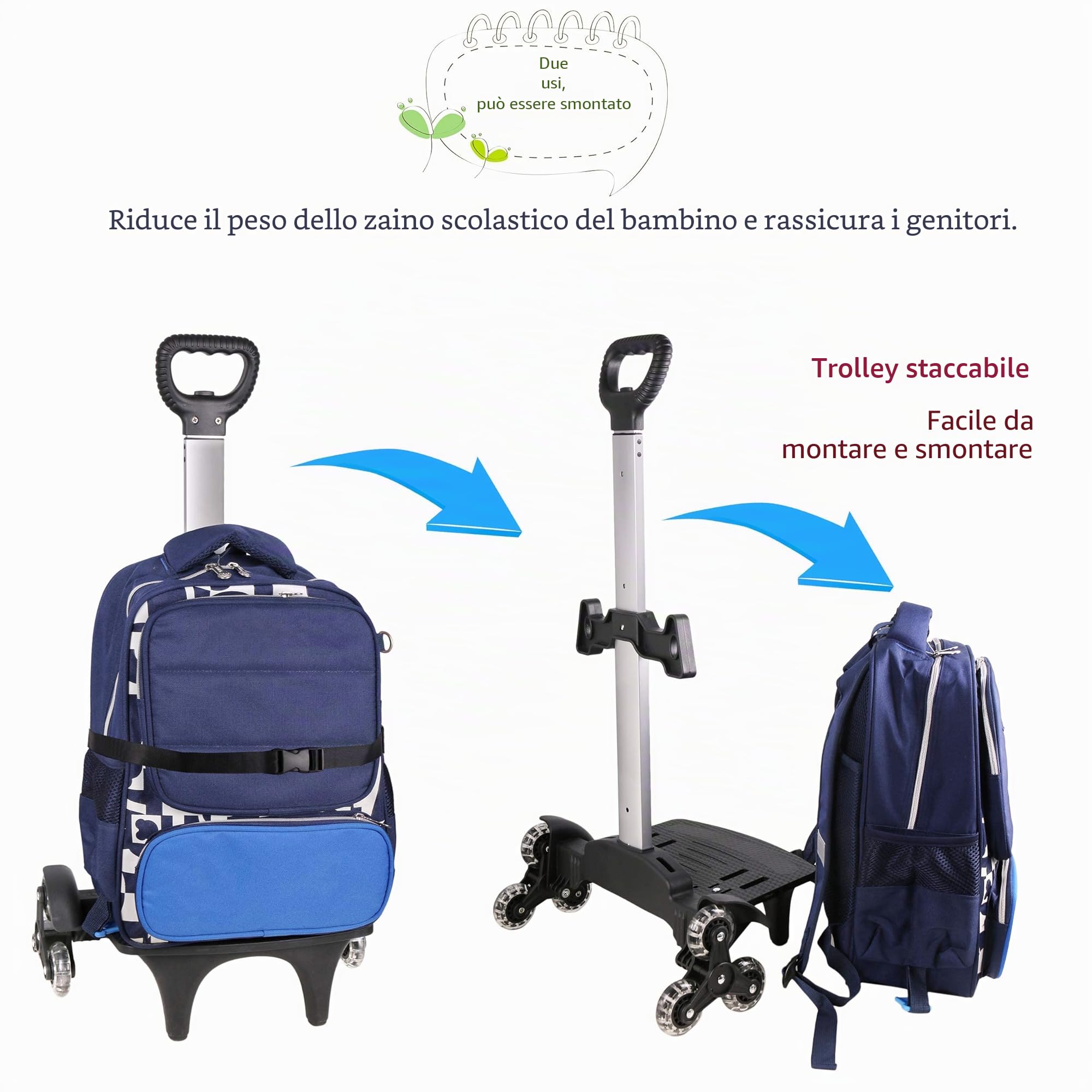 Carrello per Zaino, Carrello con Ruote Carrello a Mano Pieghevole Alluminio 6 Ruote Carrelli Portabagagli Zaini Trolley per Bambini Adolescenti Adulti Scuola Viaggi