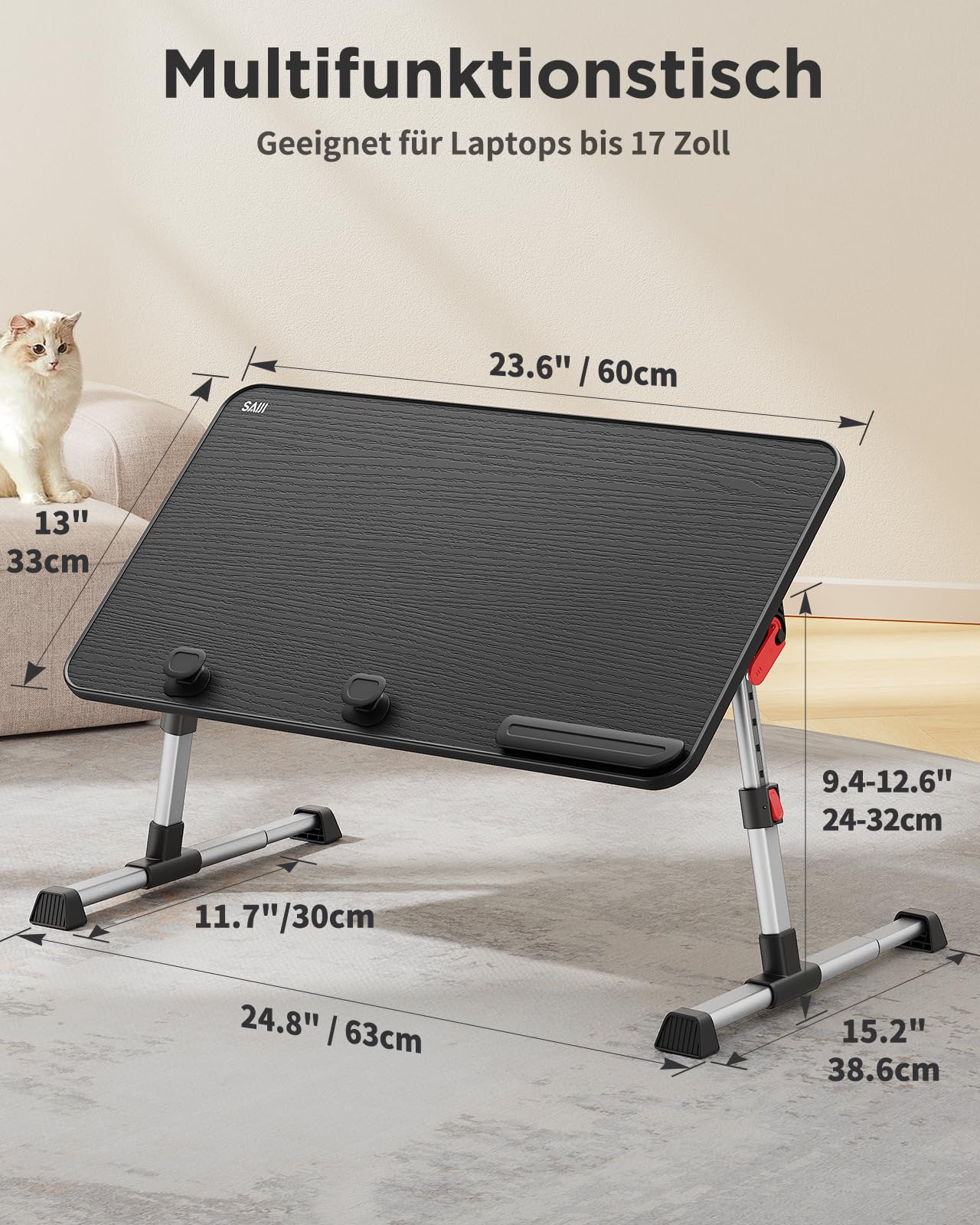 SAIJI Laptoptisch Klappbar, Betttisch - Verstärkte Stabilität, Verlängerte Beine - Höhe & Neigung Flexibel Einstellbar für Bett, Sofa & Couch - Tragfähigkeit bis zu 40 kg, Maße 60x33 cm (Schwarz)