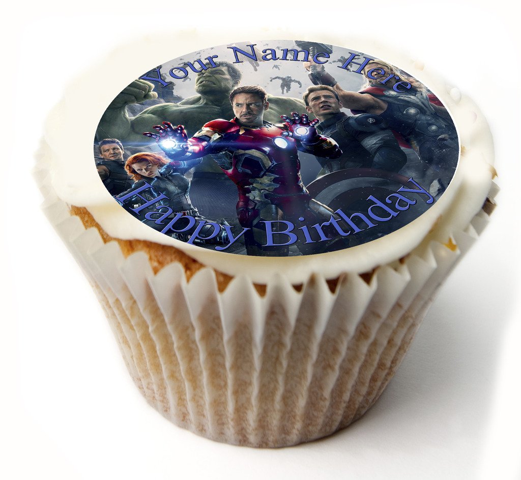 SimplyCakeToppers PERSONALISED Avengers Ironman, Captain America, The Incredible Hulk, Hawk Eye, Black Widow, Thor 20 x PRE-CUT Fairy cake CUPCAKE Edible Topper Decorations Edible Icing Sheet