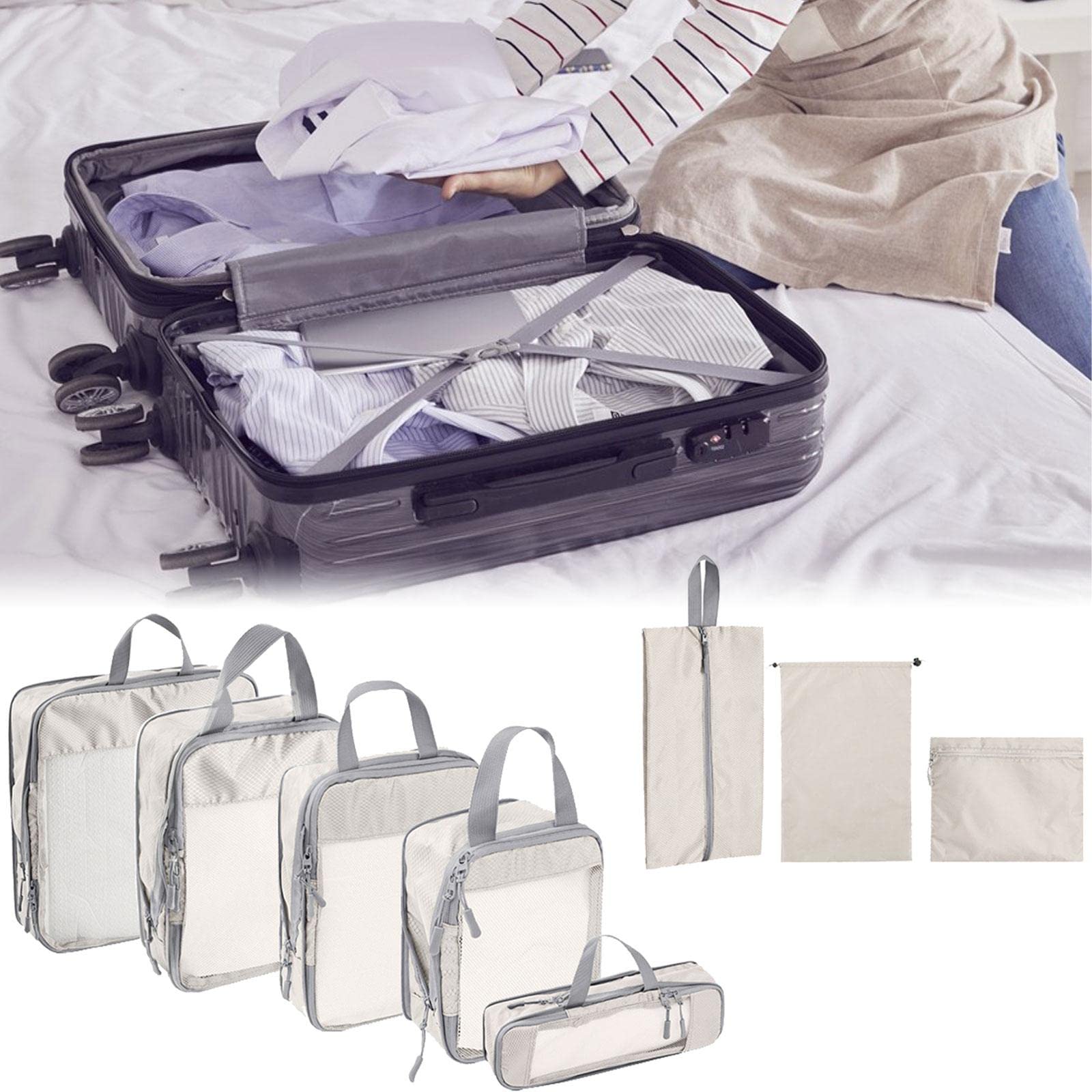 8 Tragbare Packwürfel Aus Polyester, Gepäckbeutel Aus Netzgewebe, Reisegepäck Organizer, Wäschebeutel für Geschäftsreisen, Outdoor Camping, Beige
