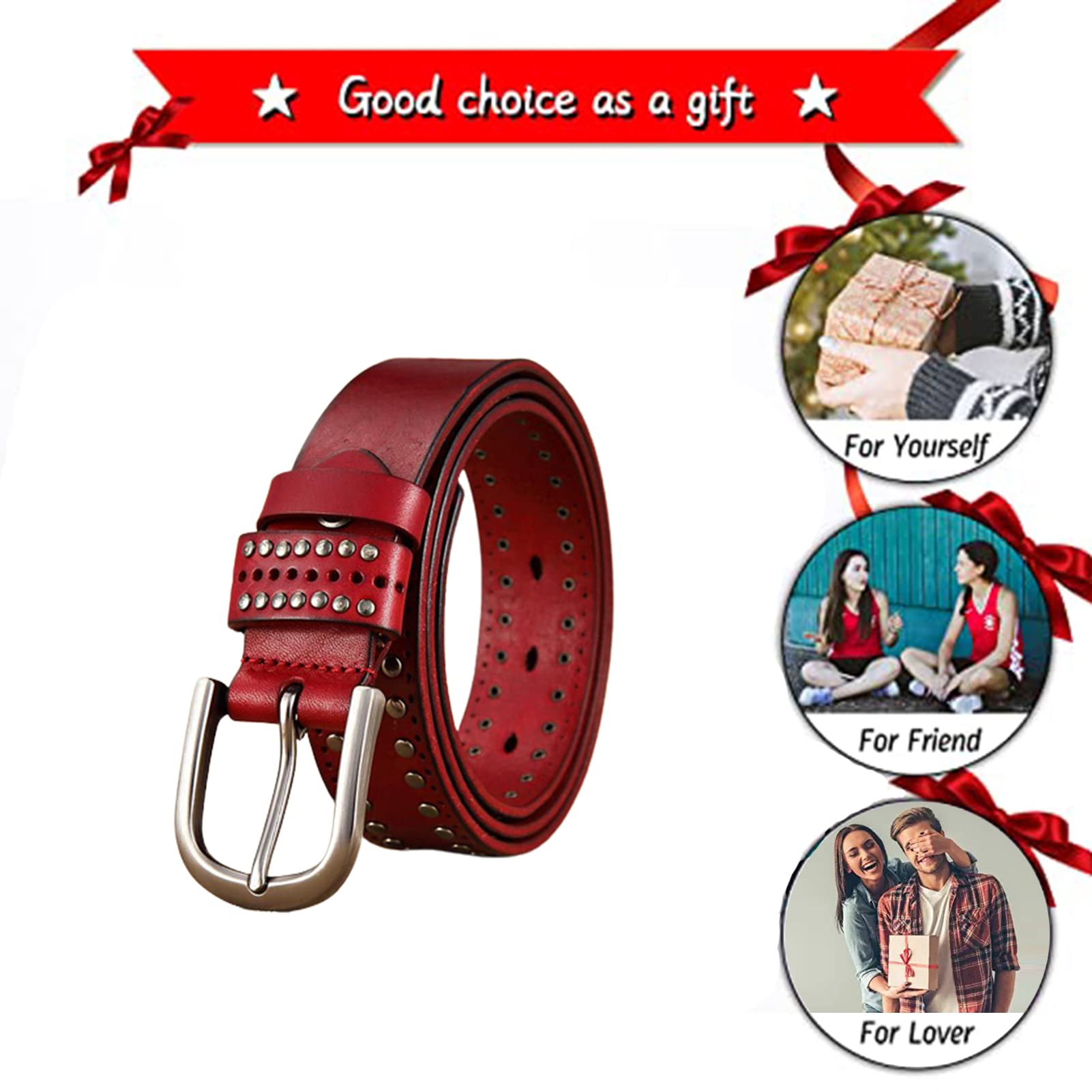 Ceinture en Cuir pour Femme, Rivets Ronds, véritable Cuir de Vache, Style Punk Rock, cloutée, avec Boucle résistante aux Rayures, pour Jeans (95 cm, Taille : 30 à 32 Pouces, Rouge)