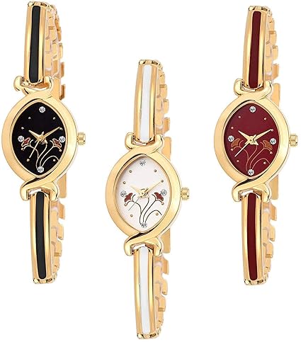 Analogur Red-Gold and White and Black-Gold Dial Bangle Combo Women's Watch