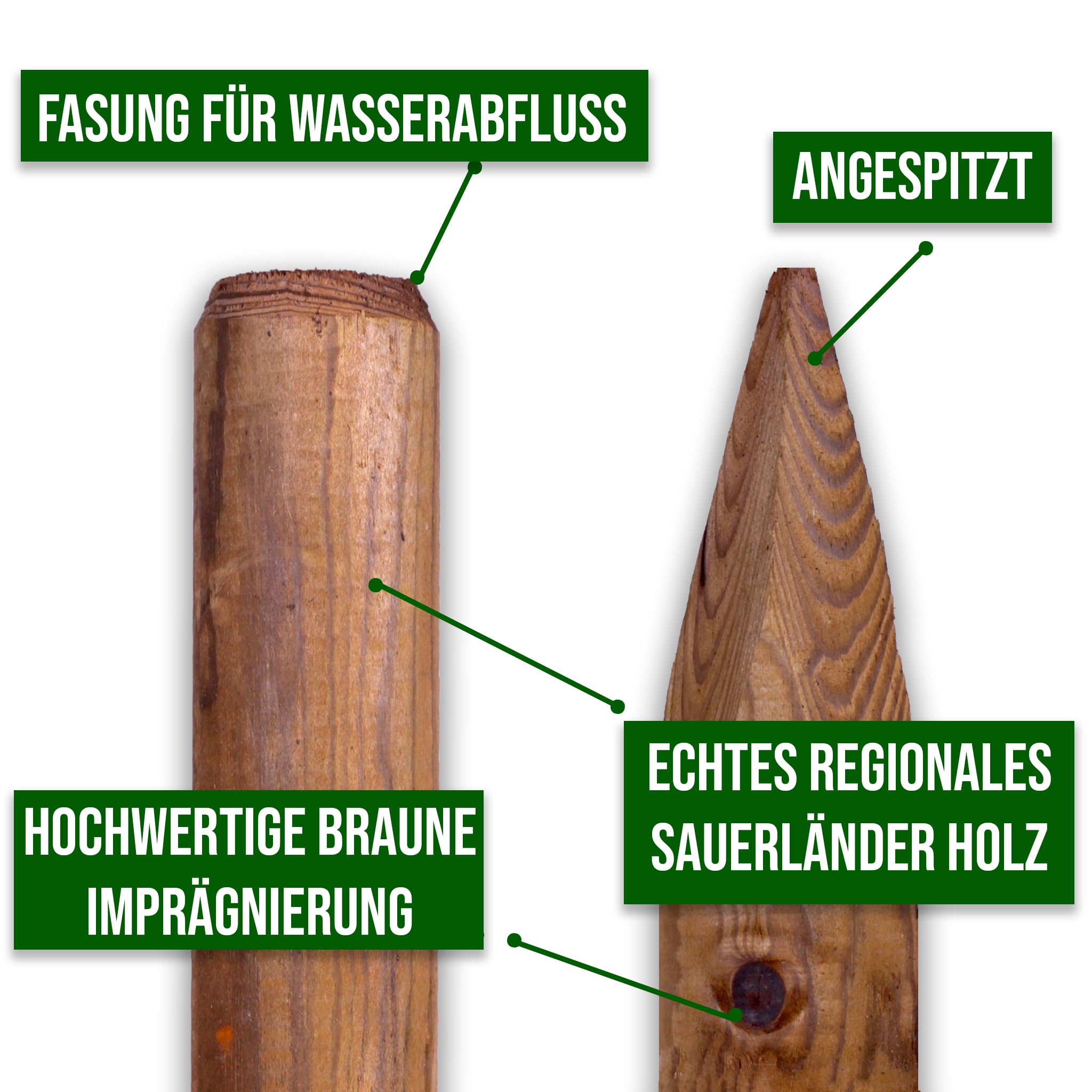 Juego de 10 estacas de madera redondas impregnadas de color marrón, 4,6 cm de diámetro, diferentes longitudes y grosores, ideales como postes de vallas, estacas de plantas o postes de árboles (125 cm