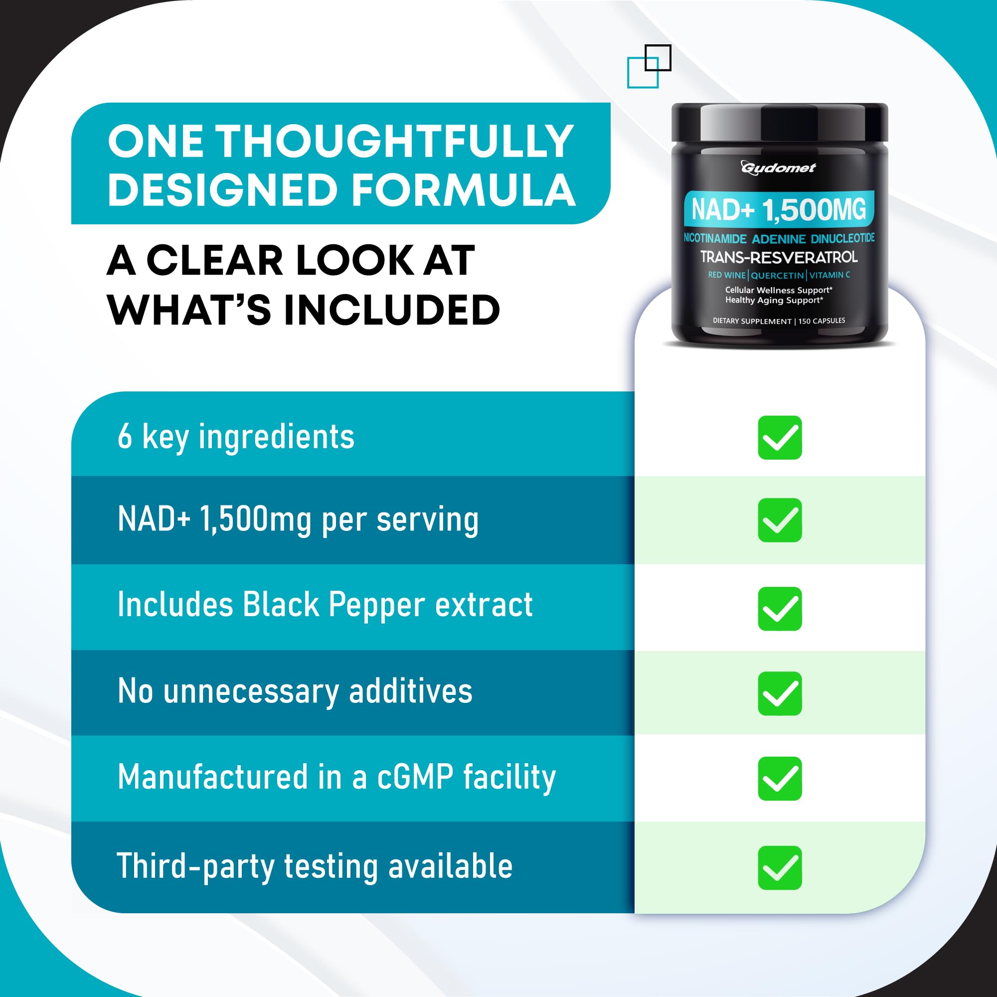 NAD+ with Trans-Resveratrol, Red Wine, Quercetin & Vitamin C – Supports Cellular Wellness & Healthy Aging-150 Capsules- Made in The USA