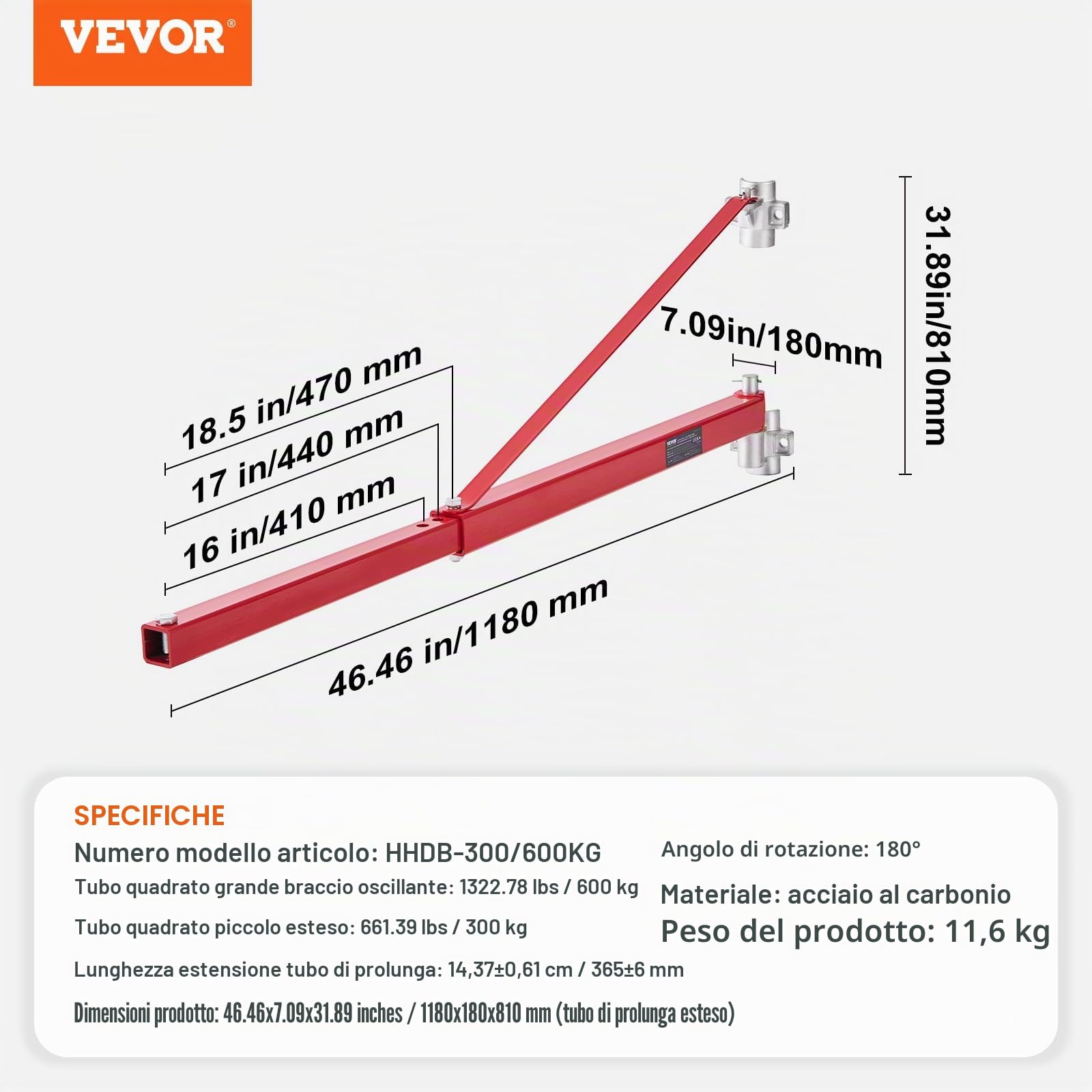 VEVOR Braccio di Supporto per Paranco Elettrico, Capacità Carico 600 kg, Braccio Girevole di Supporto per Paranco Elettrico, Braccio di Sollevamento per Paranco da Officina, Garage