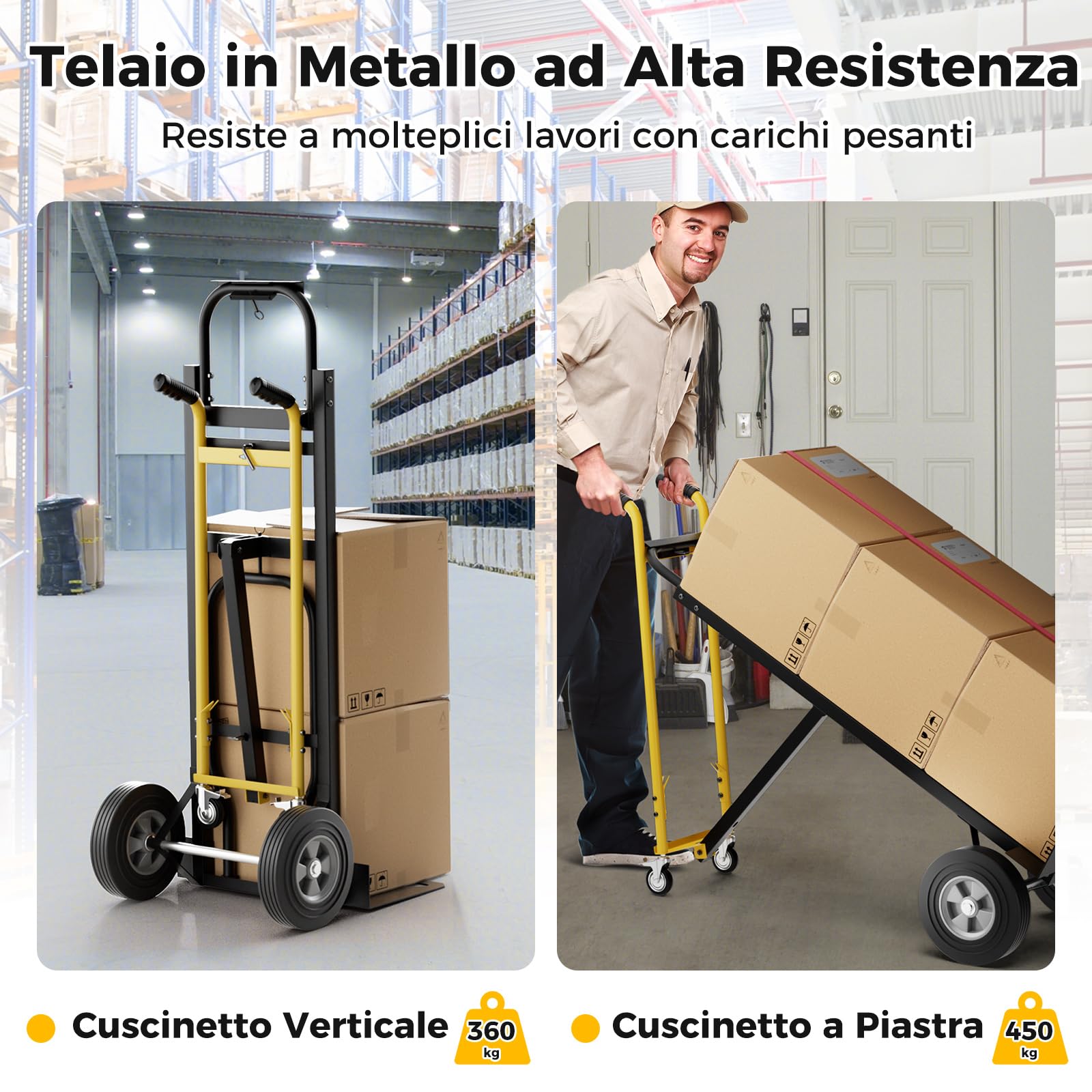 GYMAX Carrello a Mano Convertibile 3-in-1, Carrello Portatile Pesante in Metallo con Ruote in Gomma, Capacità 450kg, Carrello Industriale Pieghevole per Trasporto e Spostamento in Garage, Fabbrica