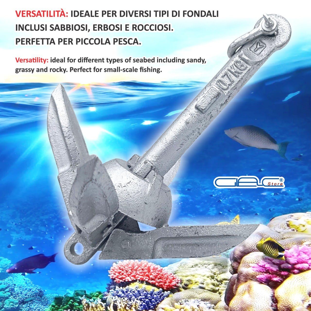 Ancora ad Ombrello Pieghevole in Acciaio AISI 316, 0,7 kg, 160x180 mm, con Cima 8 m e Moschettone, per Pesca e Kayak