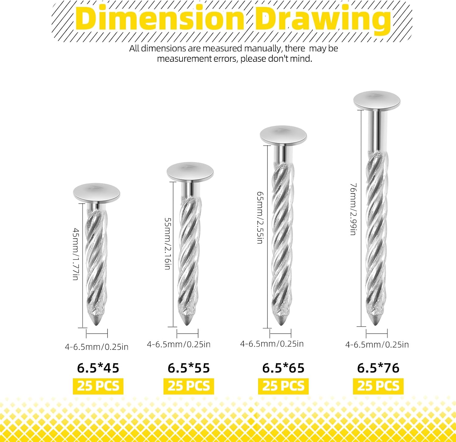 100Pcs Silver 6.5 x 45/55/65/76mm Fence Deck Nails, Spiral Shank Deck Nail, Galvanized Solid Cement Nail Thread Twist Nails for House Floor Repairing Wall Woodworking(Assortment)