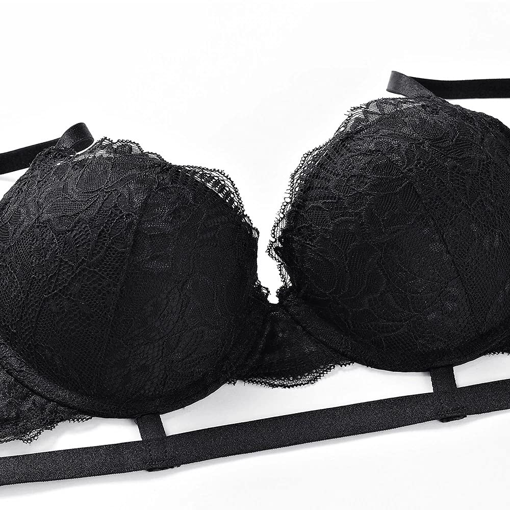 Conjunto de Sujetador y Bragas de Encaje Sexy para Mujer con patrón Floral Push Up Cup Underwire Strappy Underband Gather Bra Sets Lencería