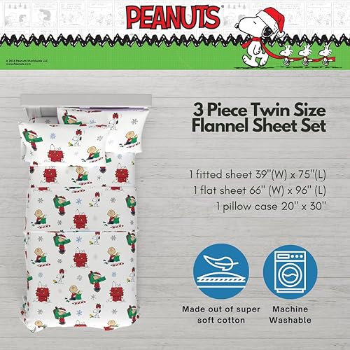 Miniatura 2 de Franco Peanuts Charlie Brown & Snoopy Holiday & Christmas Bedding Juego de sábanas de franela 100% algodón, tamaño individual, (producto oficial)