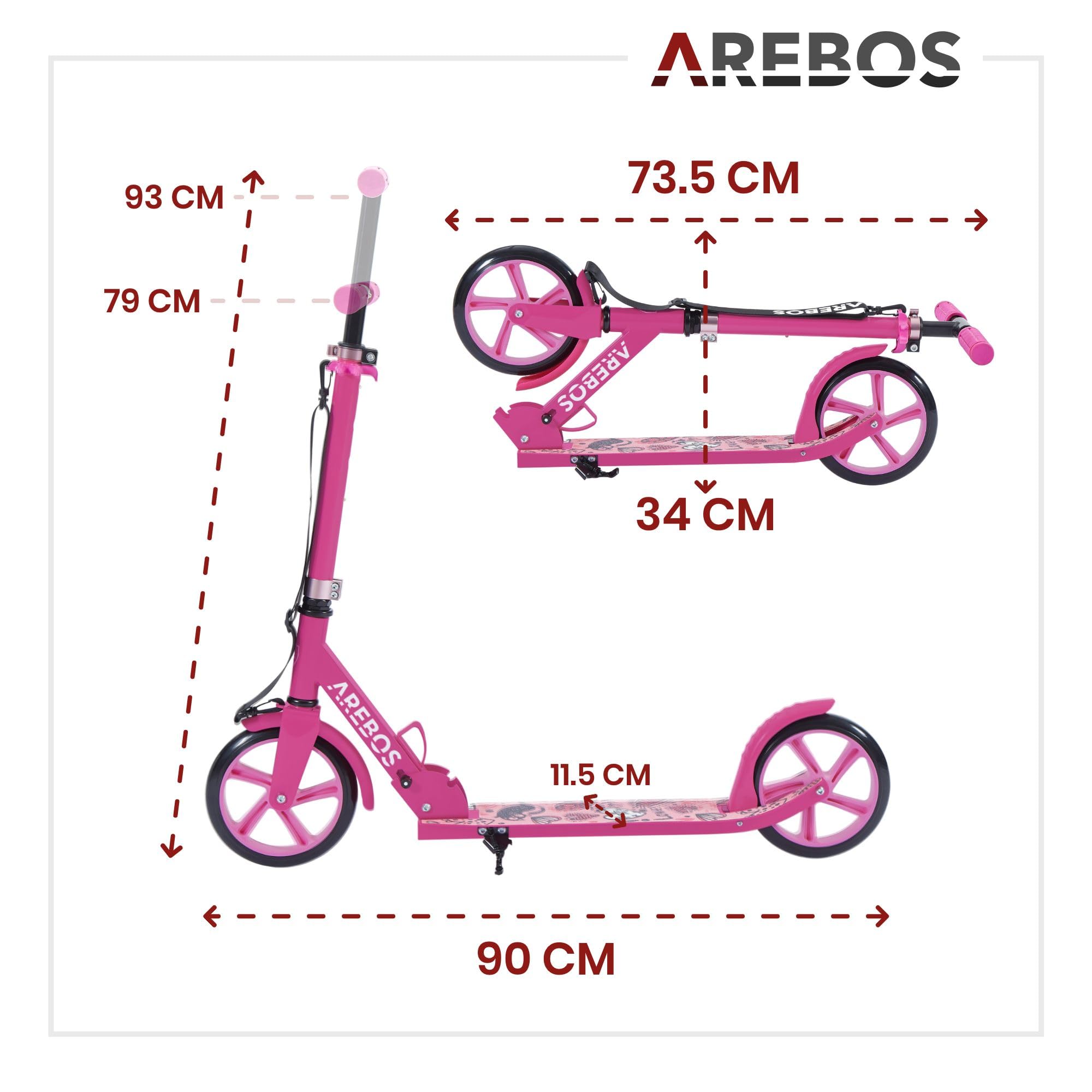 Arebos city scooter a pedali monopattino regolabile in altezza | pieghevole | incl. cinghia di trasporto | ruote XXL | freno a pedale | per bambini e adulti | capacità di carico fino a 100 kg
