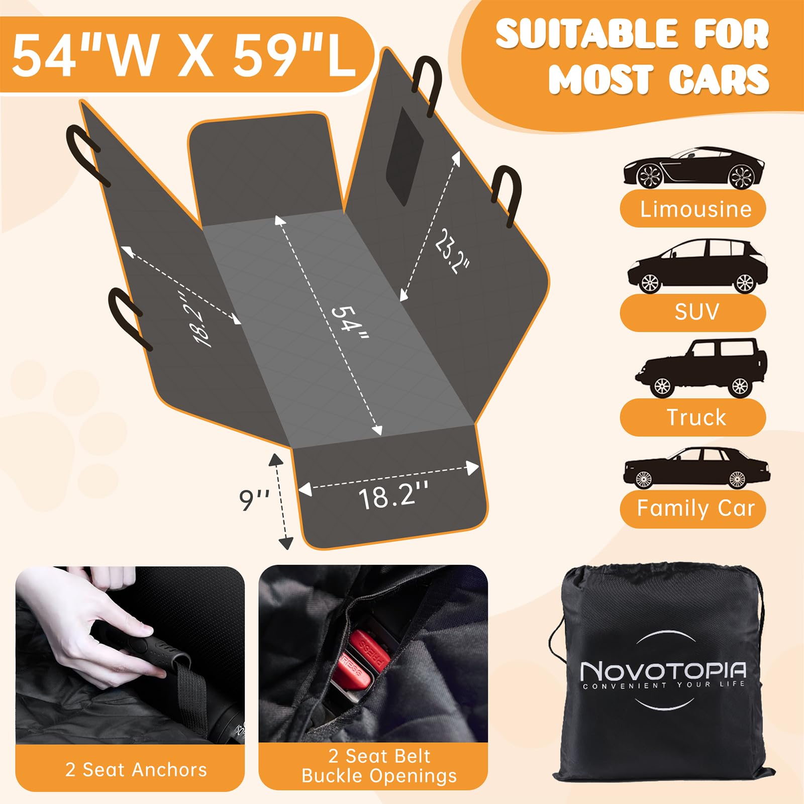 Funda de asiento de coche para perros para asientos traseros, 100% impermeable, duradera y suave, antideslizante, protector de asiento de coche para coches, SUV y camiones (negro, estándar