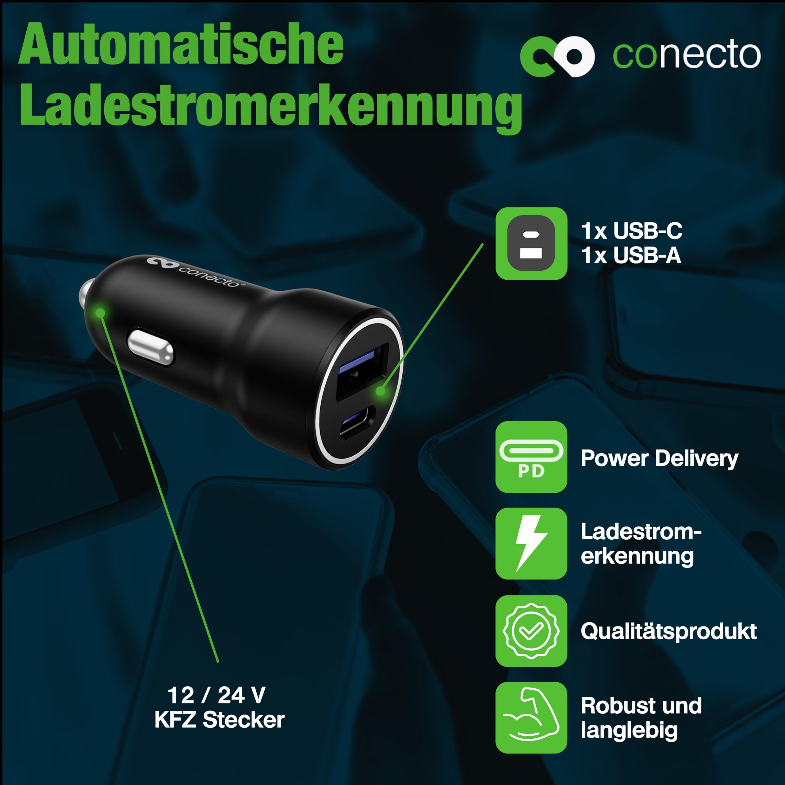 conecto ładowarka USB-C, 12 V ładowarka do zapalniczki samochodowej, 2 porty, 1x USB-C 20 Watt Max. PD, 1x USB A 18 Watt Max, szybka ładowarka, czarna