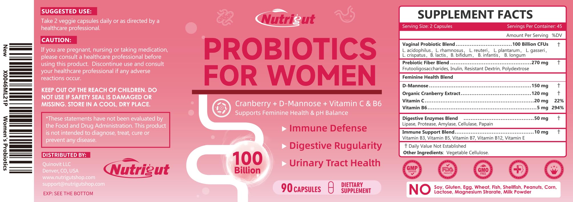 Probiotics for Women 100 Billion CFUs Probiotic and Prebiotics with Digestive Enzymes for Gut Health, Vaginal Probiotics with Cranberry and D-Mannose for Urinary Tract Health, pH Balance, 90 Capsules