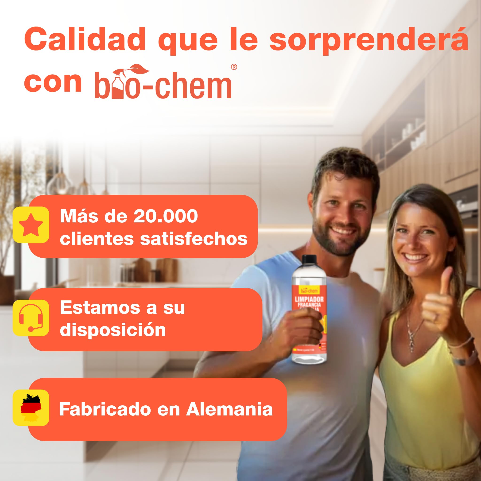 bio-chem Multiusos aroma naranja, 3 x 750 ml + botella mezcladora | Sprays para el cuidado del hogar: productos de limpieza para cocinas, baños, suelos y sofás