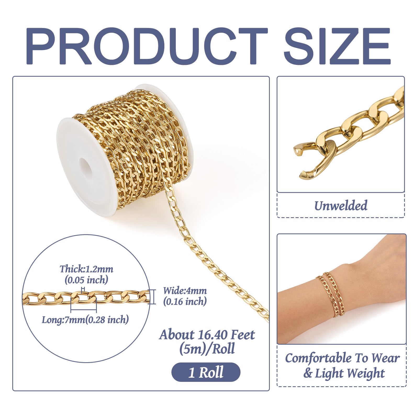 Spritewelry 5M Aluminium Curb Chains Golden Plated Unwelded Oval Links Twisted Cable Necklace Chain for Bracelet Jewelry Making 7x4x1.2mm - Image 3