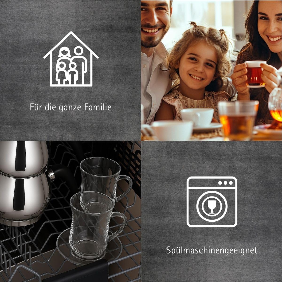 Caydanlik Teekanne Edelstahl 2-stöckig – Türkischer Teekocher induktionsgeeignet – mit Teegläsern oder nur Kanne Größe Kanne 1,5L, Farbe Glas-Set 12er