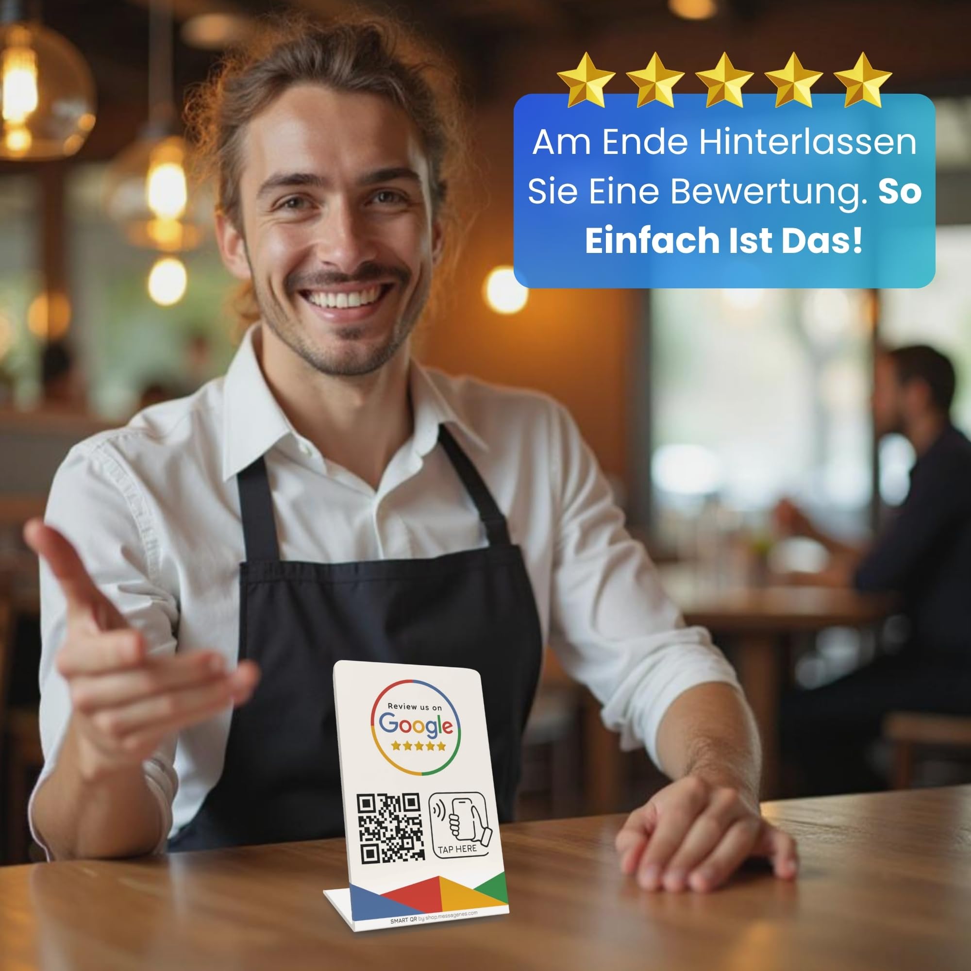 MESSAGENES Review Tap Stand - 5 Ständer NFC + QR für Google Reviews - Kompatibel mit iPhone & Android - Steigern Sie Google Sichtbarkeit & Ranking - Pack für Unternehmen, Restaurants & Ketten