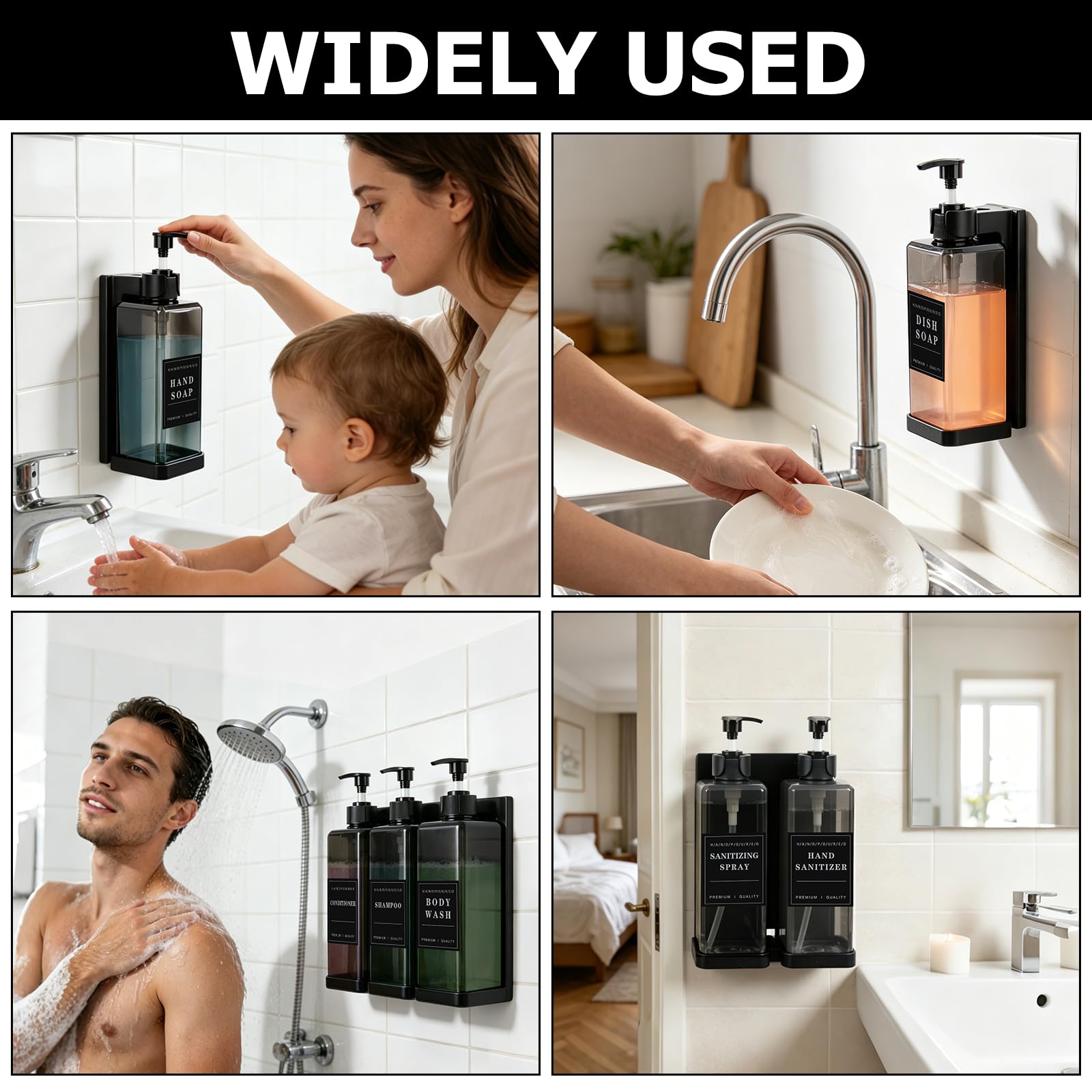 Dispenser Sapone da Muro Senza Forare, 3x500ML Dispenser Sapone Bagno | Dispenser Sapone Doccia, Dispenser Shampoo e Bagnoschiuma, Moderno Dispenser di Liquido Per Bagno Cucina Hotel