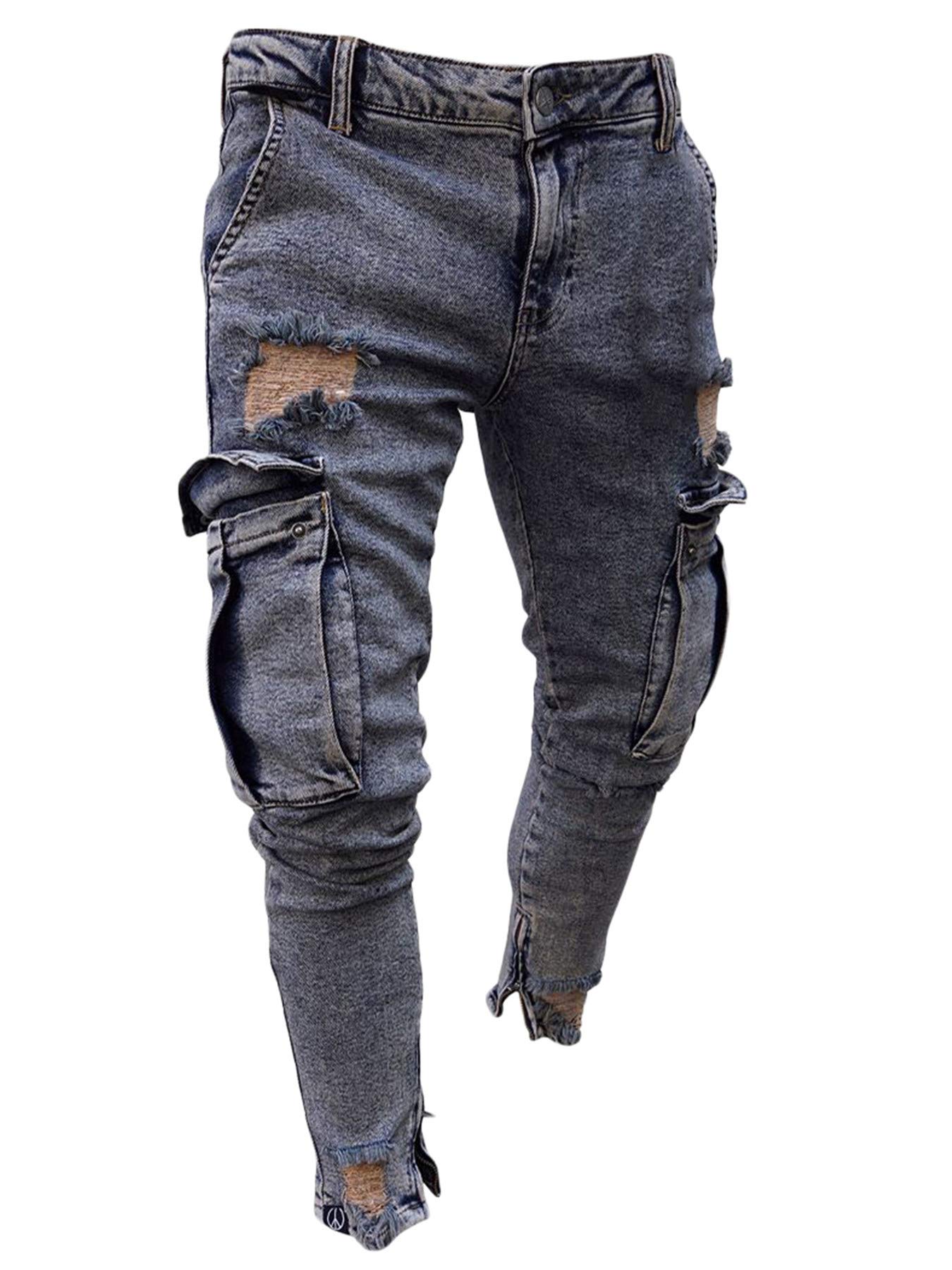 Andongnywell Mens Skinny Stretch Destroyed Denim Pants Ripped Slim Fit Trousers Stretch Knee Pocket Jeans