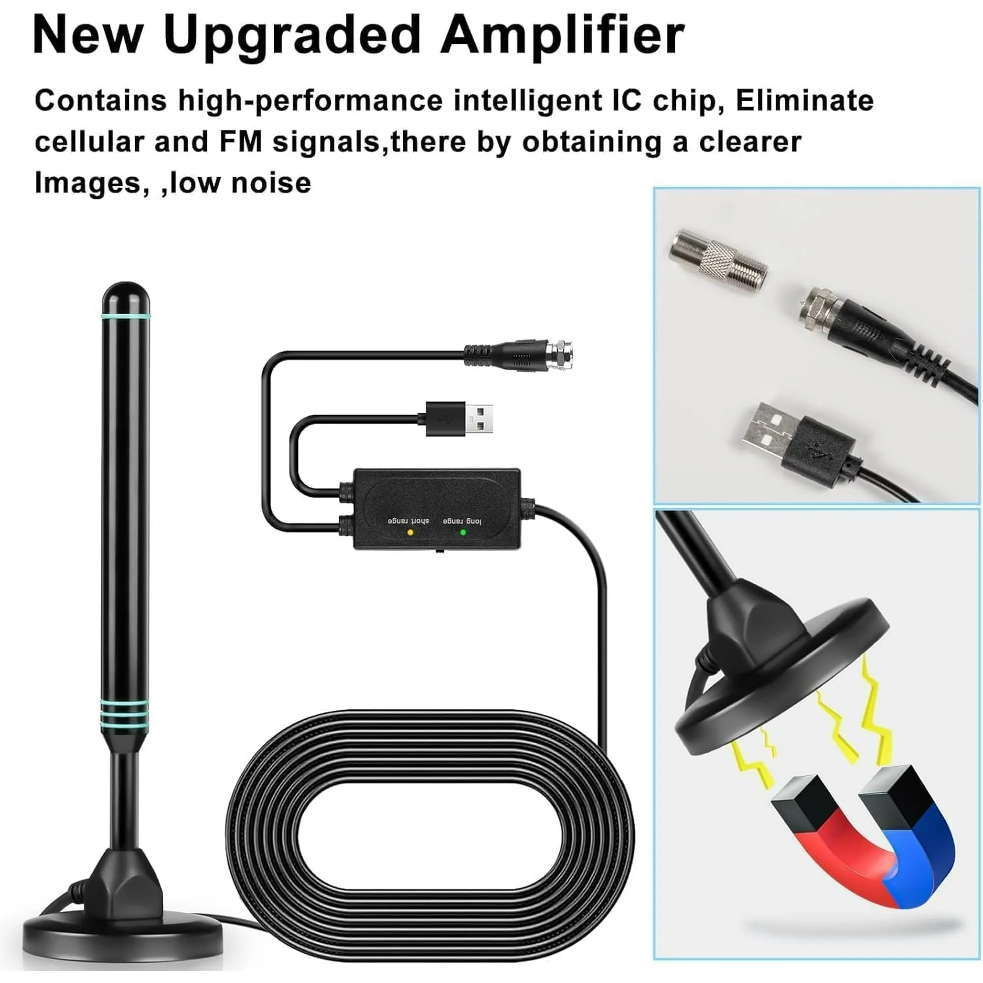 Antena de TV interior para Smart TV, antena digital HD para canales locales, recepción de largo alcance, soporta 4K 1080p UHF VHF todos los televisores antiguos