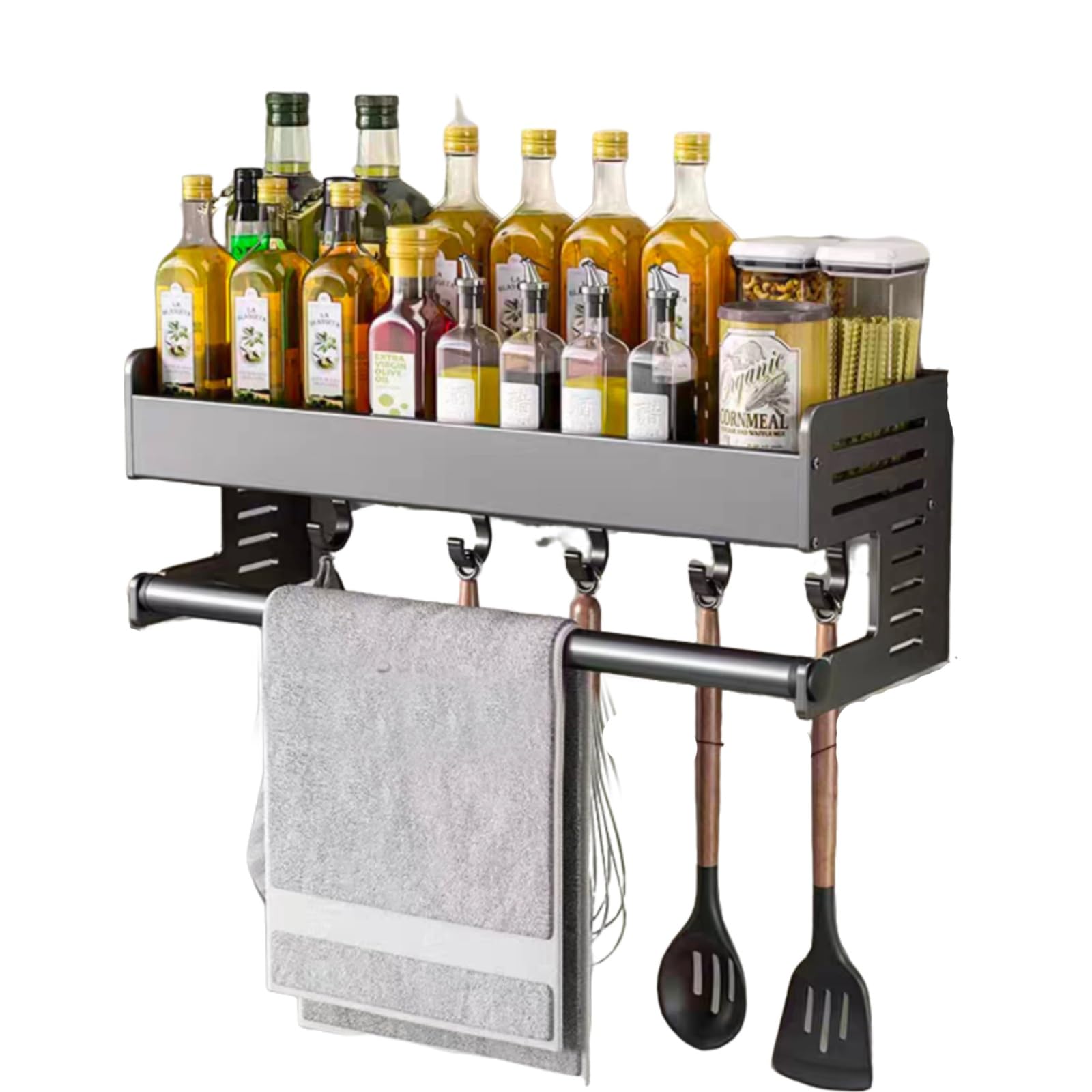 Gewürzregal Wand,Küchenhalterung Ohne Bohren Mit Haken Stangen,Schwarz Edelstahl Hakenleiste Küchenhelfer Hängeleiste,Gewürzregal Küchenablage Wand Organizer for Küche Und Bad(30cm)