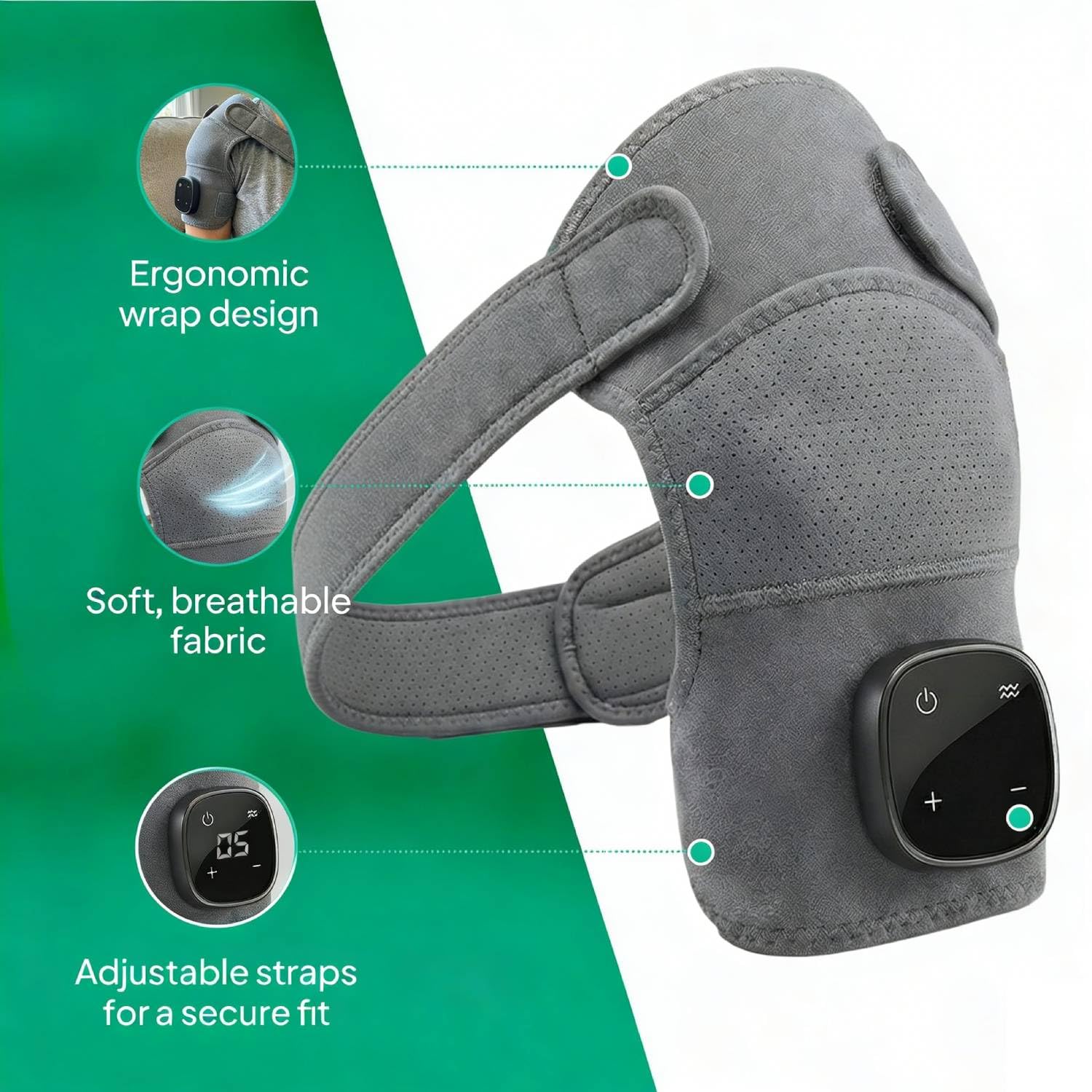 RejuvaCare Neck Shoulder Massager with Heat, Air Compression & Vibration, 4D Kneading Deep Tissue Massage, Heated Shoulder Wrap for Men & Women, Adjustable Straps, Cordless for Home & Car Use (Grey) - 3