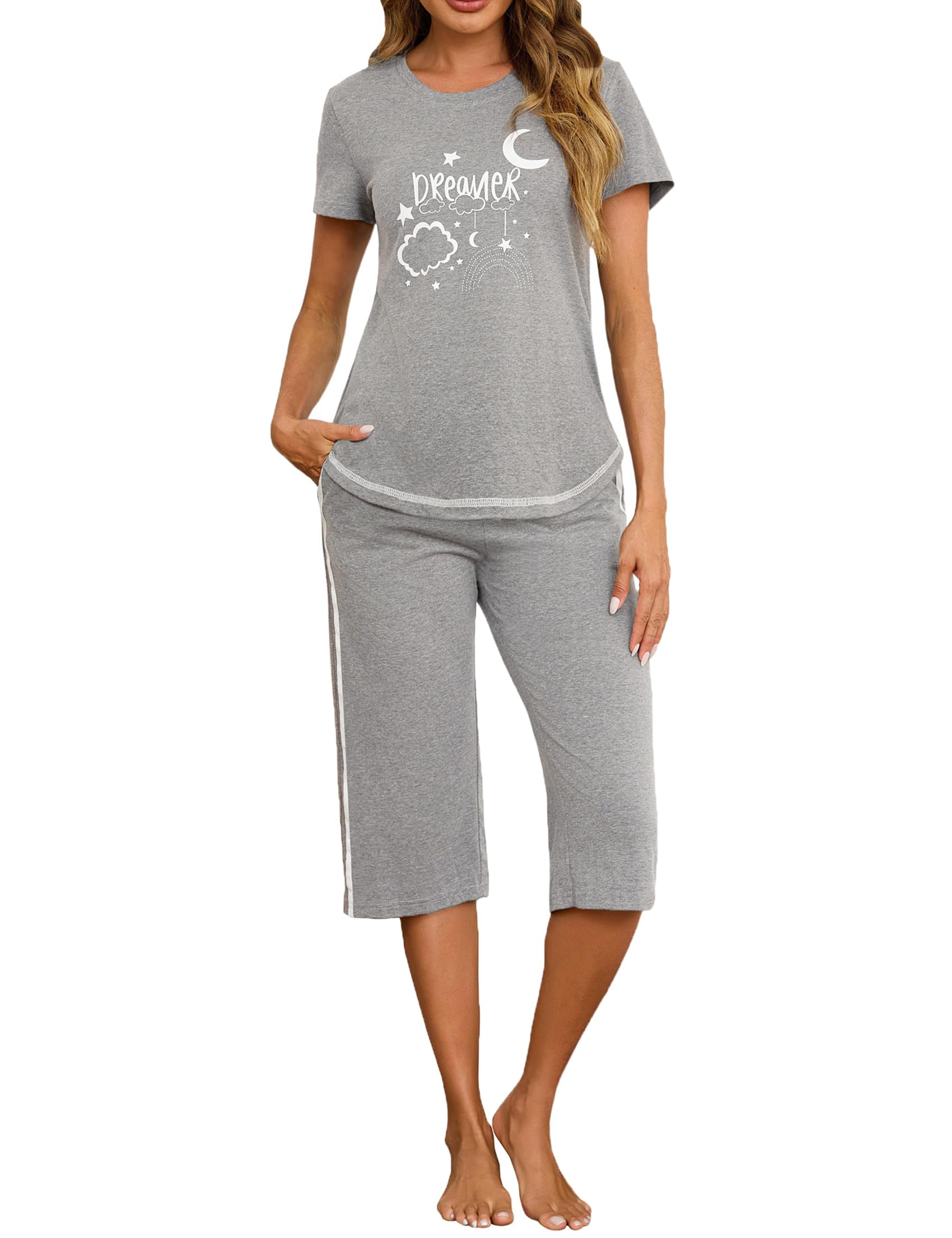 Terecey Schlafanzug Damen Kurzarm Pyjama Set Baumwolle Nachtwäsche Pyjamahose Sommer Kurz Freizeitanzug Hausanzug Weich Bequem Sleepwear und 3/4 Schlafhose S-XXL