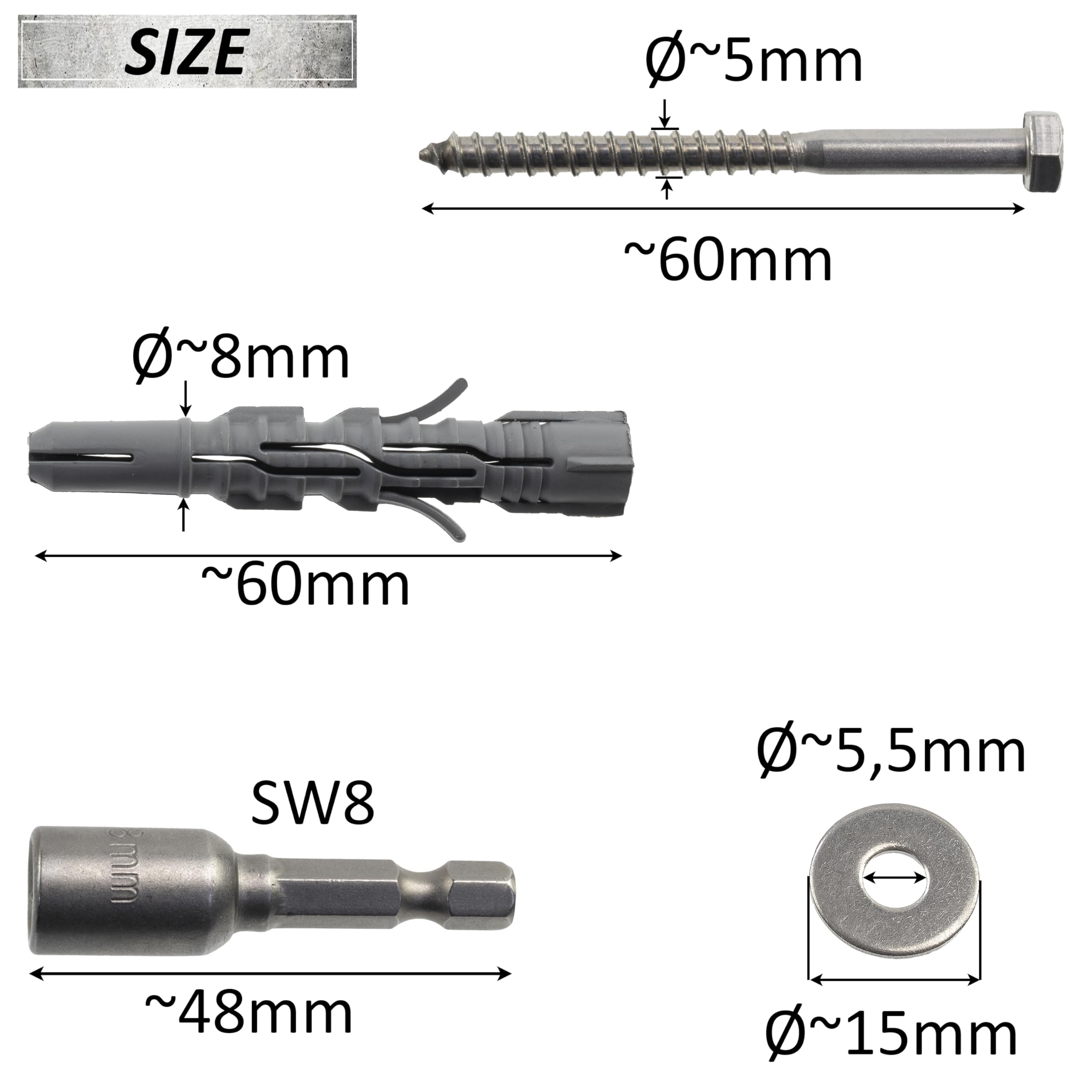 AERZETIX - Kit di 8 tasselli in nylon Ø8x60 mm + 8 viti tirafondo Ø5x60 mm inossidabile A2 + 8 rondelle larghe A2 per vite M5 + 1 bussola esagonale interna 1/4" SW8
