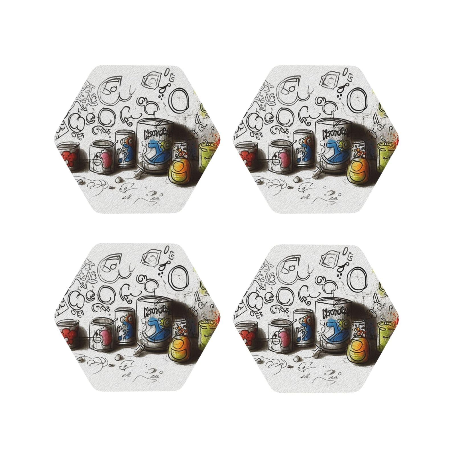 4pcs Drink Coasters for Tabletop Protection, 4" Leather Coasters for Drinks, Graffiti On Various Objects Cup Coasters for Coffee Table Decor, Non-Slip Drinking Cup Mat for Hot Or Cold Drink
