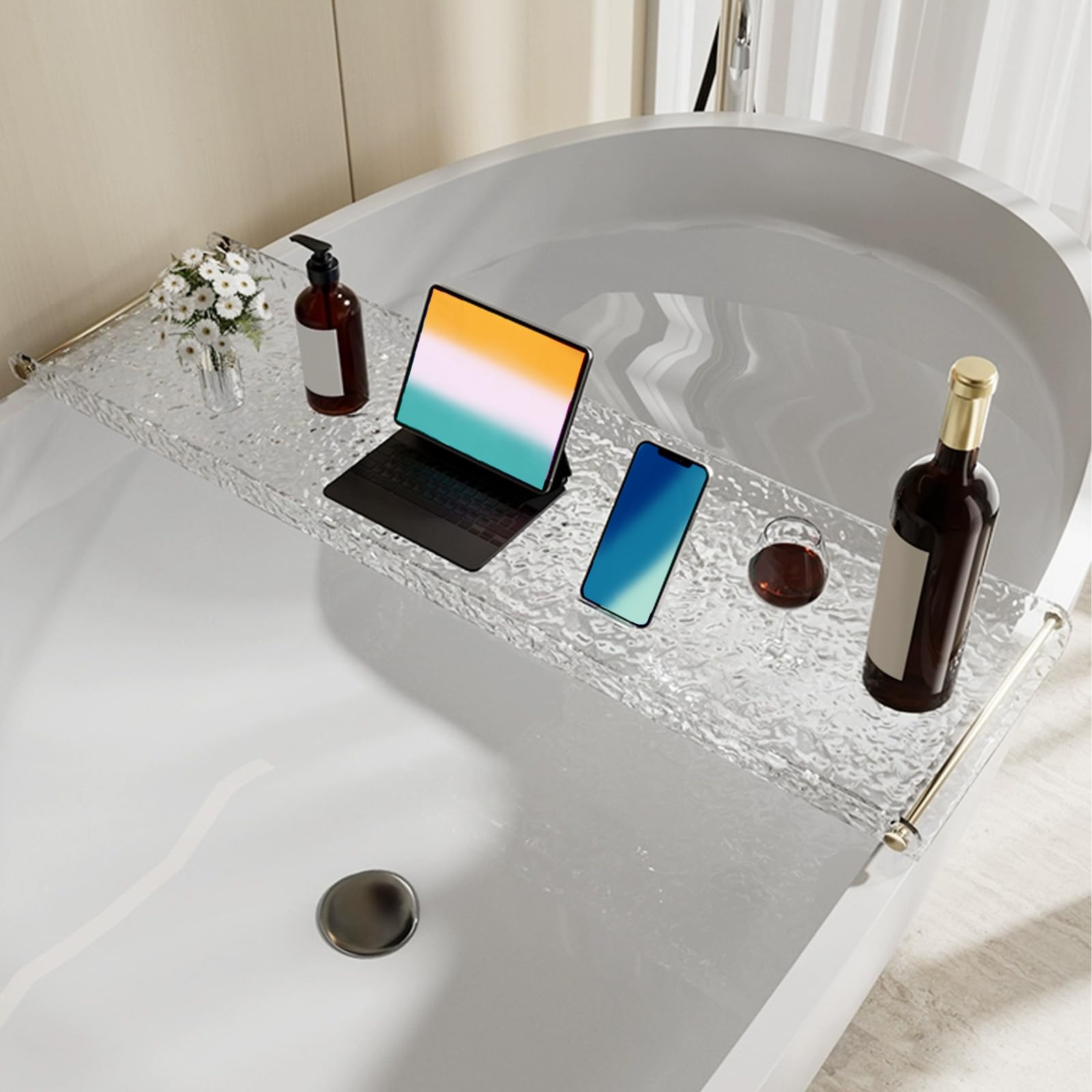 Bandeja de baño transparente con mango dorado, 27.5 pulgadas de largo x 7.9 pulgadas de ancho x 1.2 pulgadas de alto, elegante porción, bandeja decorativa versátil para baño, sala de estar y cocina