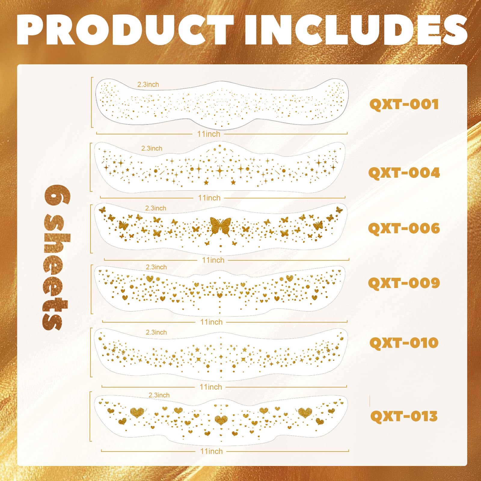 Prreal 6PCS Body Glitter Temporary Tattoos,Metallic Collarbone Fake Tattoo Stickers,Waterproof Gold Sparkle Tattoos,Women Festival Accessories for Carnival and Parties,6 patterns - Image 3
