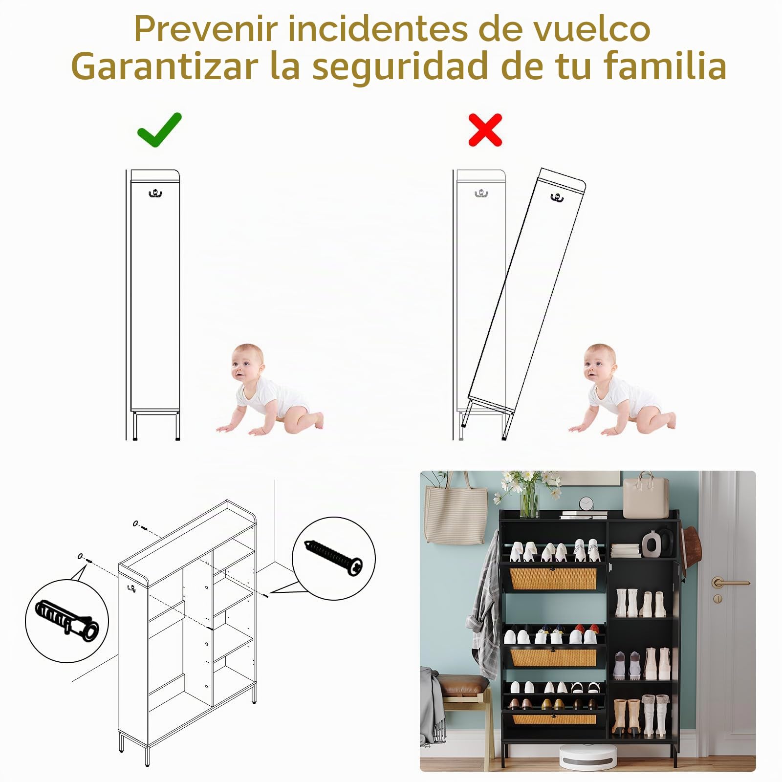 Mueble Zapatero de Ratán de 3 Niveles con Puerta Basculante, 3 Cajones Abatibles, Estantes Ajustables y Compartimentos Abiertos, Zapatero Entrada Recibidor Estrecho con Una Valla en la Parte Superior